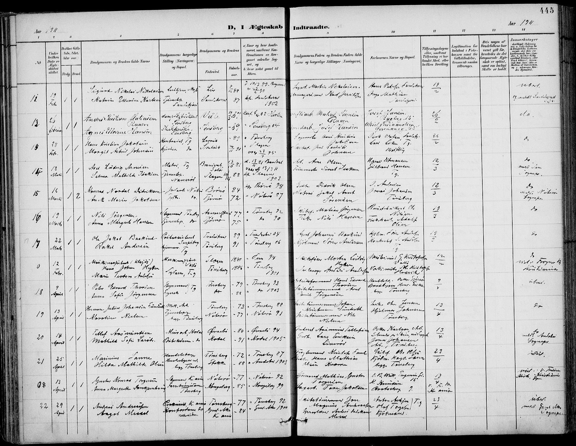 Tønsberg kirkebøker, AV/SAKO-A-330/F/Fa/L0013: Parish register (official) no. I 13, 1900-1913, p. 445