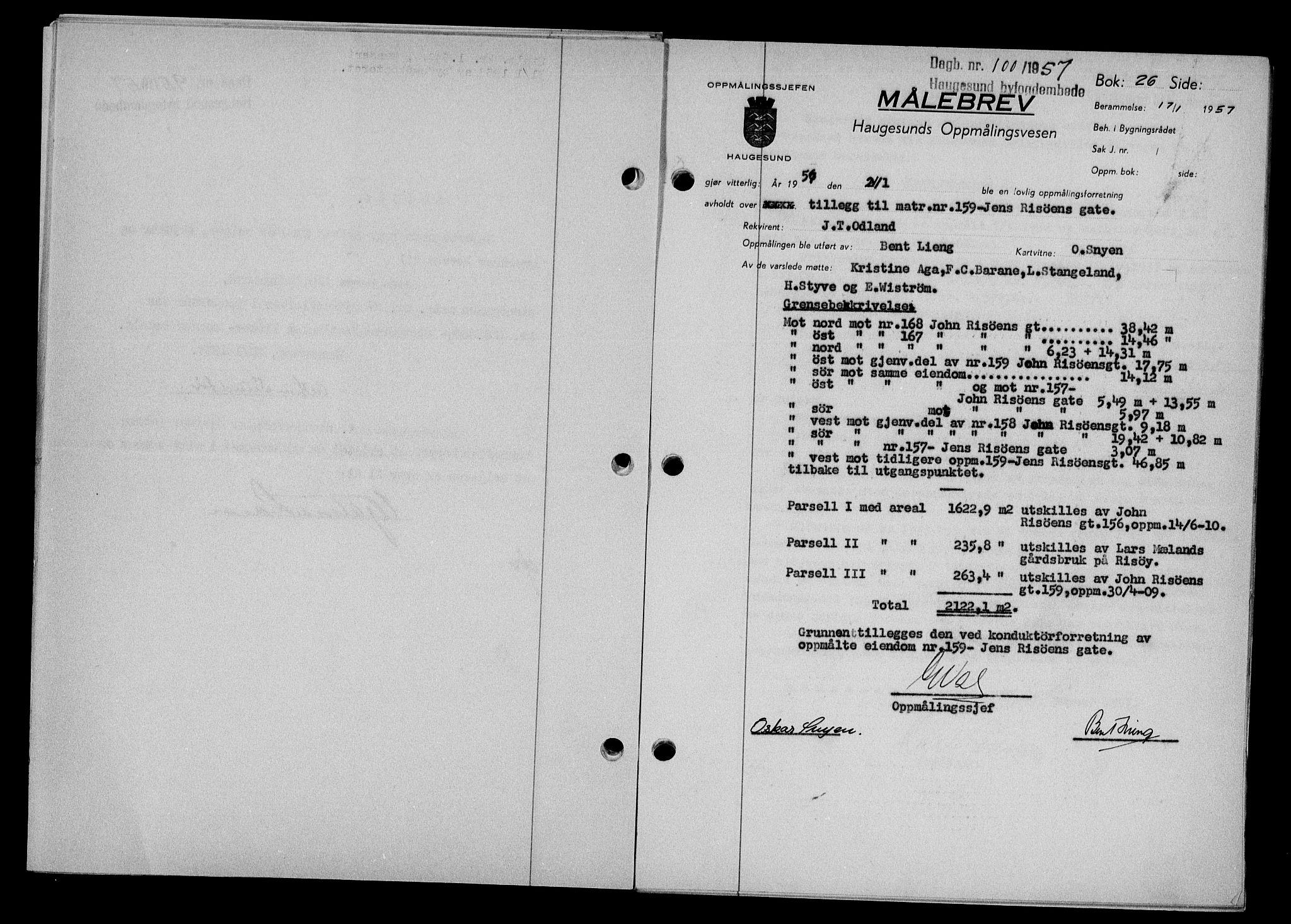 Haugesund tingrett, AV/SAST-A-101415/01/II/IIC/L0068: Mortgage book no. A 9, 1956-1958, Diary no: : 100/1957