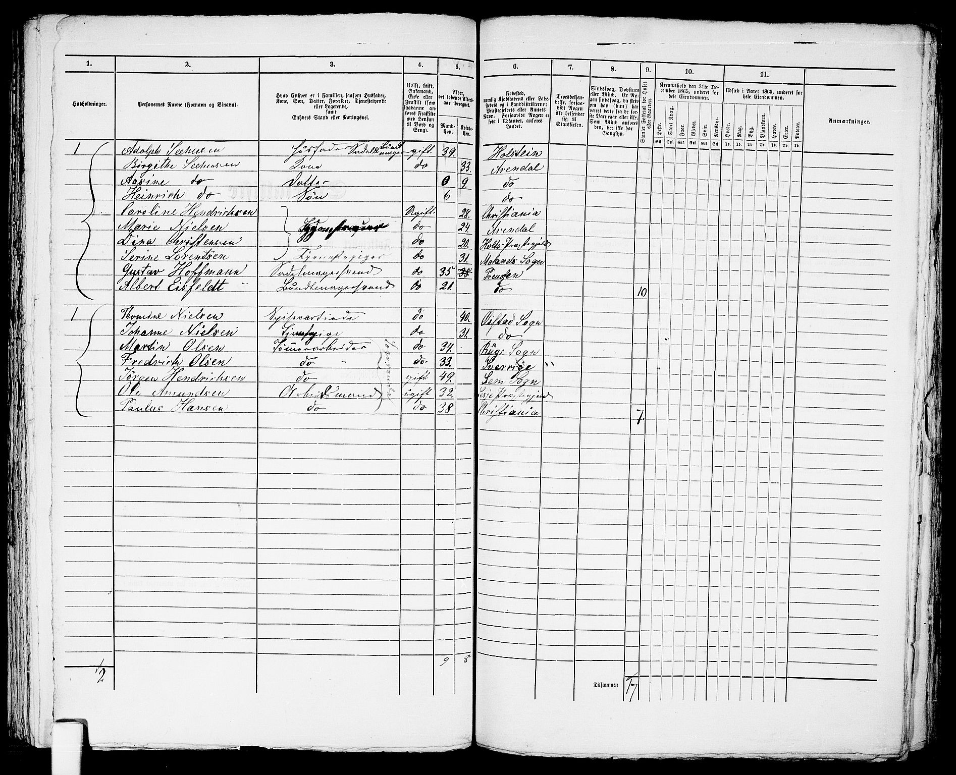 RA, 1865 census for Arendal, 1865, p. 252