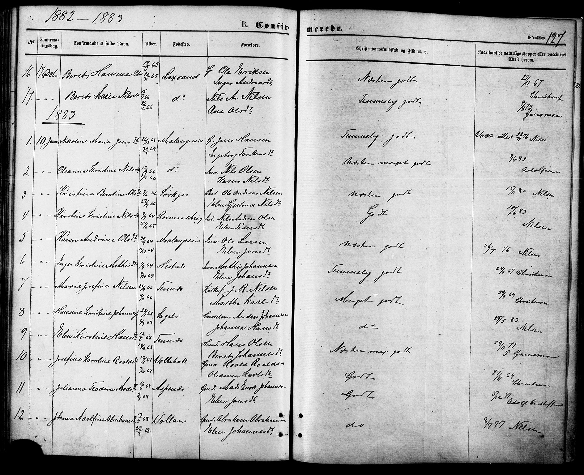Balsfjord sokneprestembete, SATØ/S-1303/G/Ga/L0004kirke: Parish register (official) no. 4, 1871-1883, p. 127