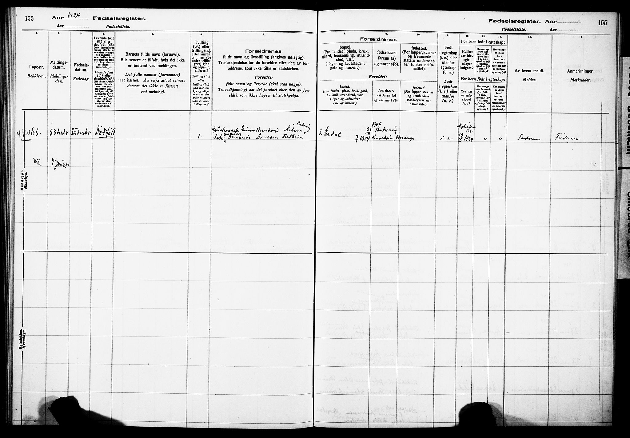 Askøy Sokneprestembete, AV/SAB-A-74101/I/Id/L00A1: Birth register no. A 1, 1916-1928, p. 155