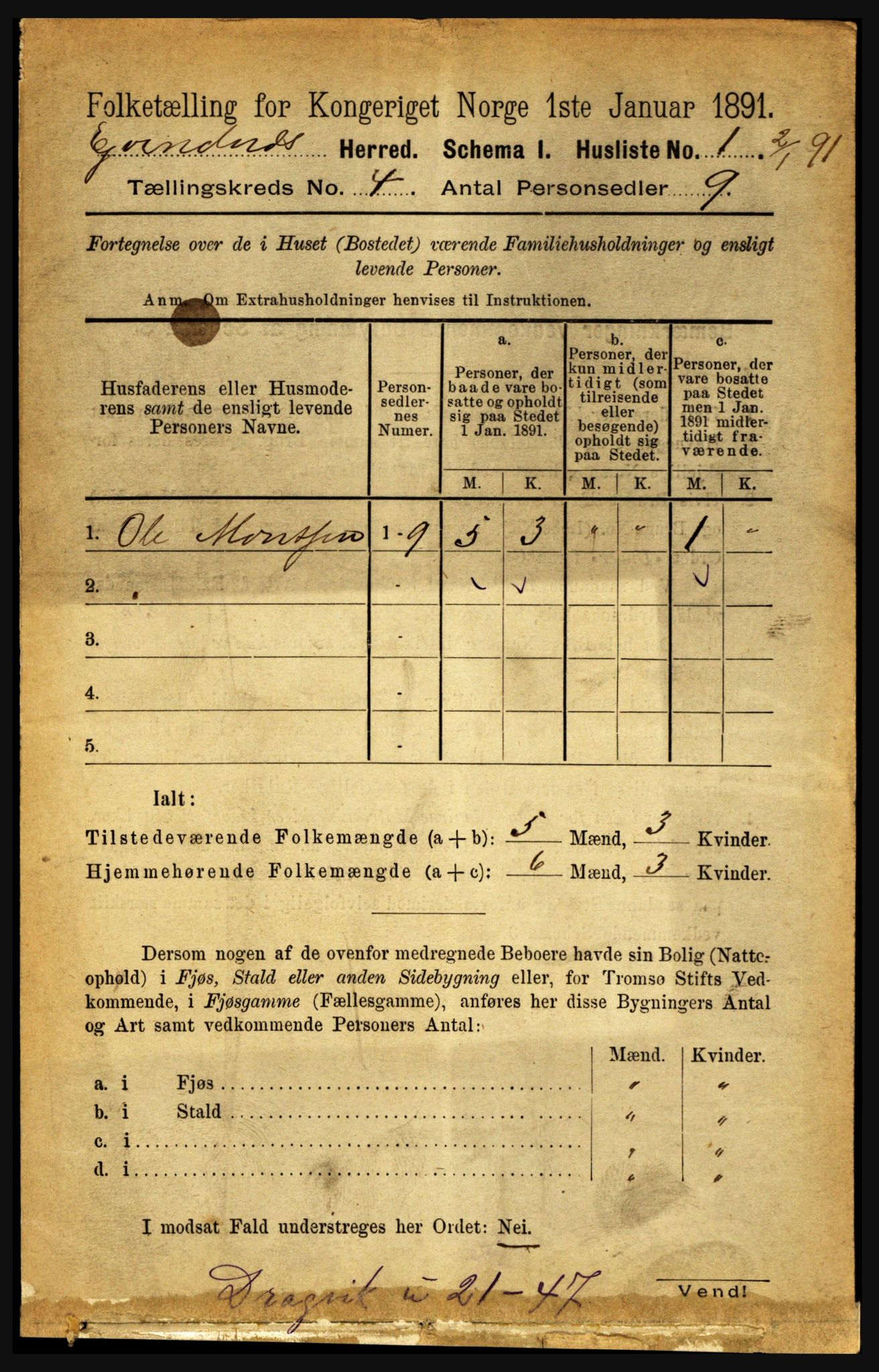 RA, 1891 census for 1853 Evenes, 1891, p. 1176