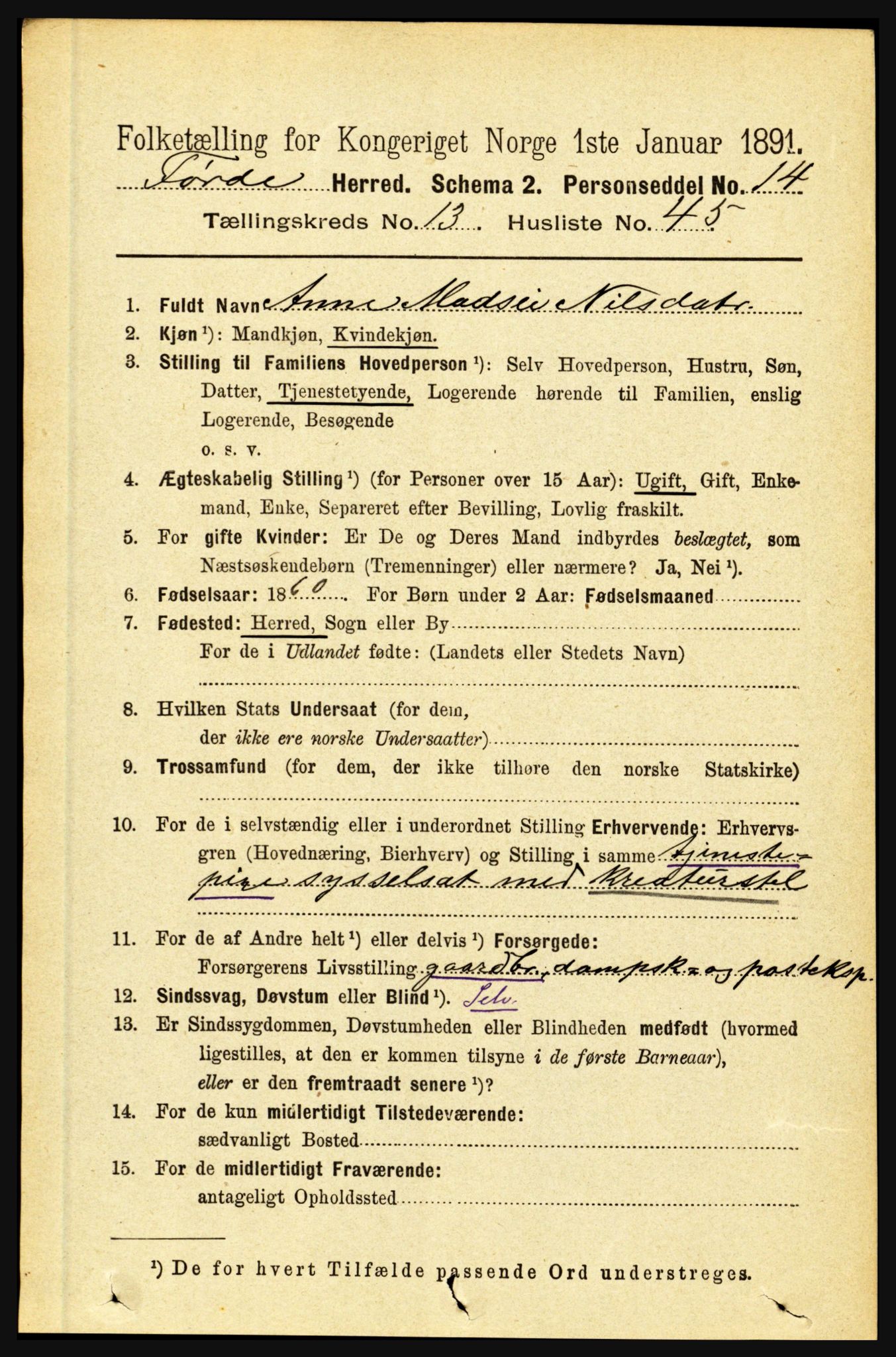 RA, 1891 census for 1432 Førde, 1891, p. 4845