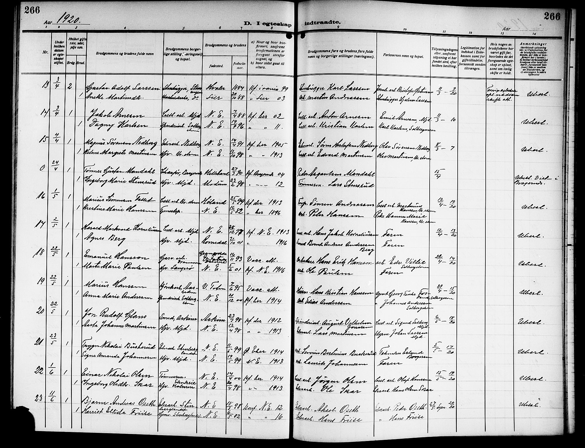Nedre Eiker kirkebøker, SAKO/A-612/G/Ga/L0005: Parish register (copy) no. 5, 1913-1921, p. 266