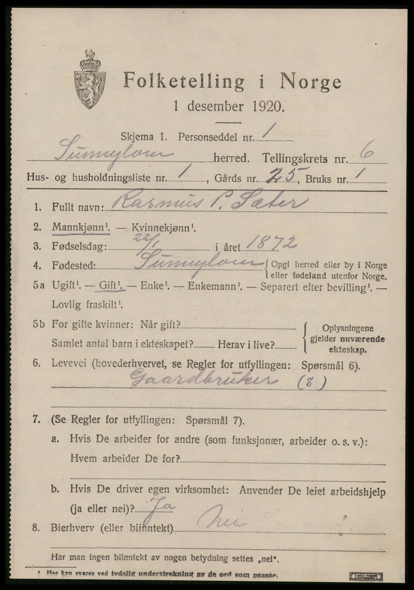 SAT, 1920 census for Sunnylven, 1920, p. 2424