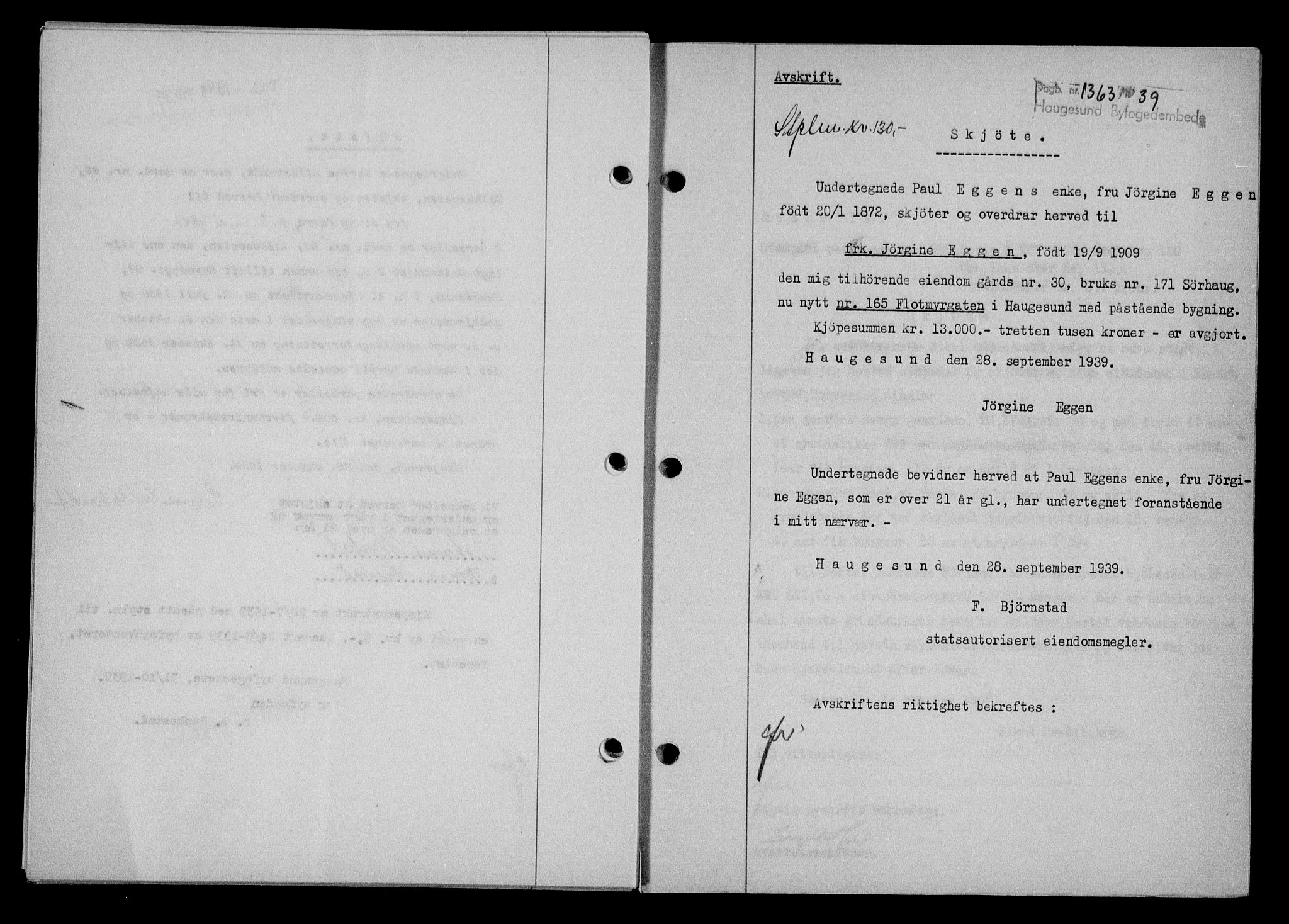 Haugesund tingrett, AV/SAST-A-101415/01/II/IIC/L0061: Mortgage book no. A 2, 1939-1942, Diary no: : 1363/1939