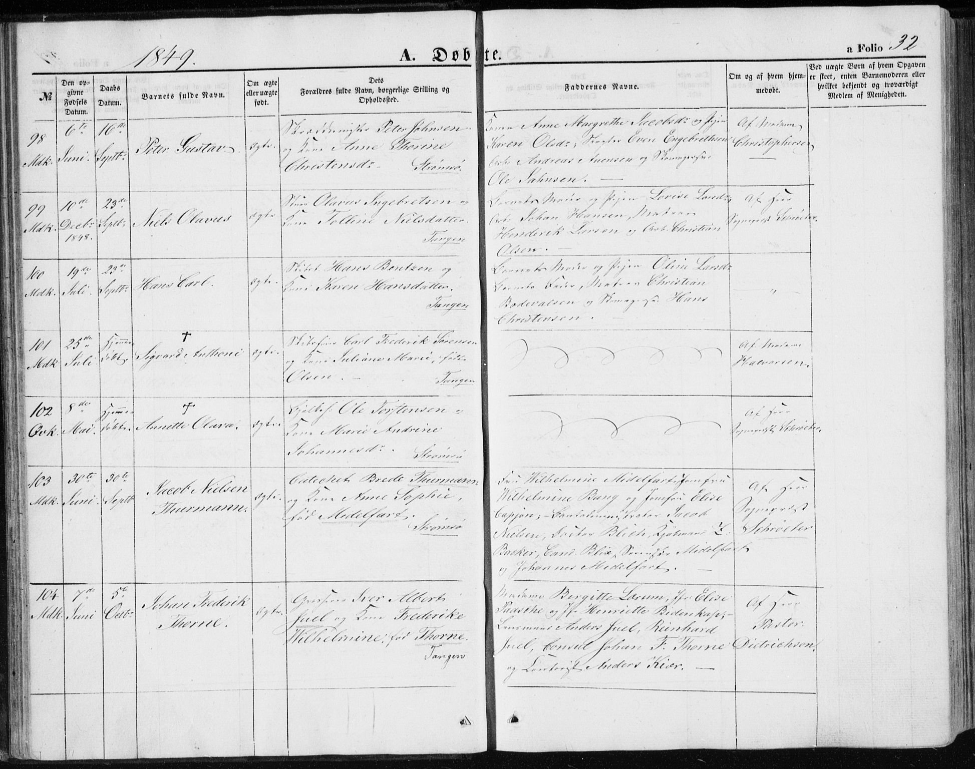 Strømsø kirkebøker, AV/SAKO-A-246/F/Fa/L0014: Parish register (official) no. I 14, 1848-1858, p. 32