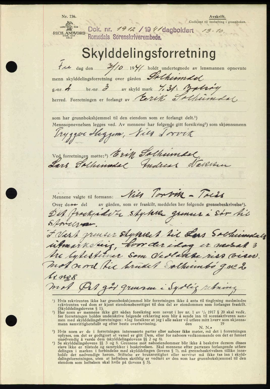 Romsdal sorenskriveri, AV/SAT-A-4149/1/2/2C: Mortgage book no. A11, 1941-1942, Diary no: : 1912/1941