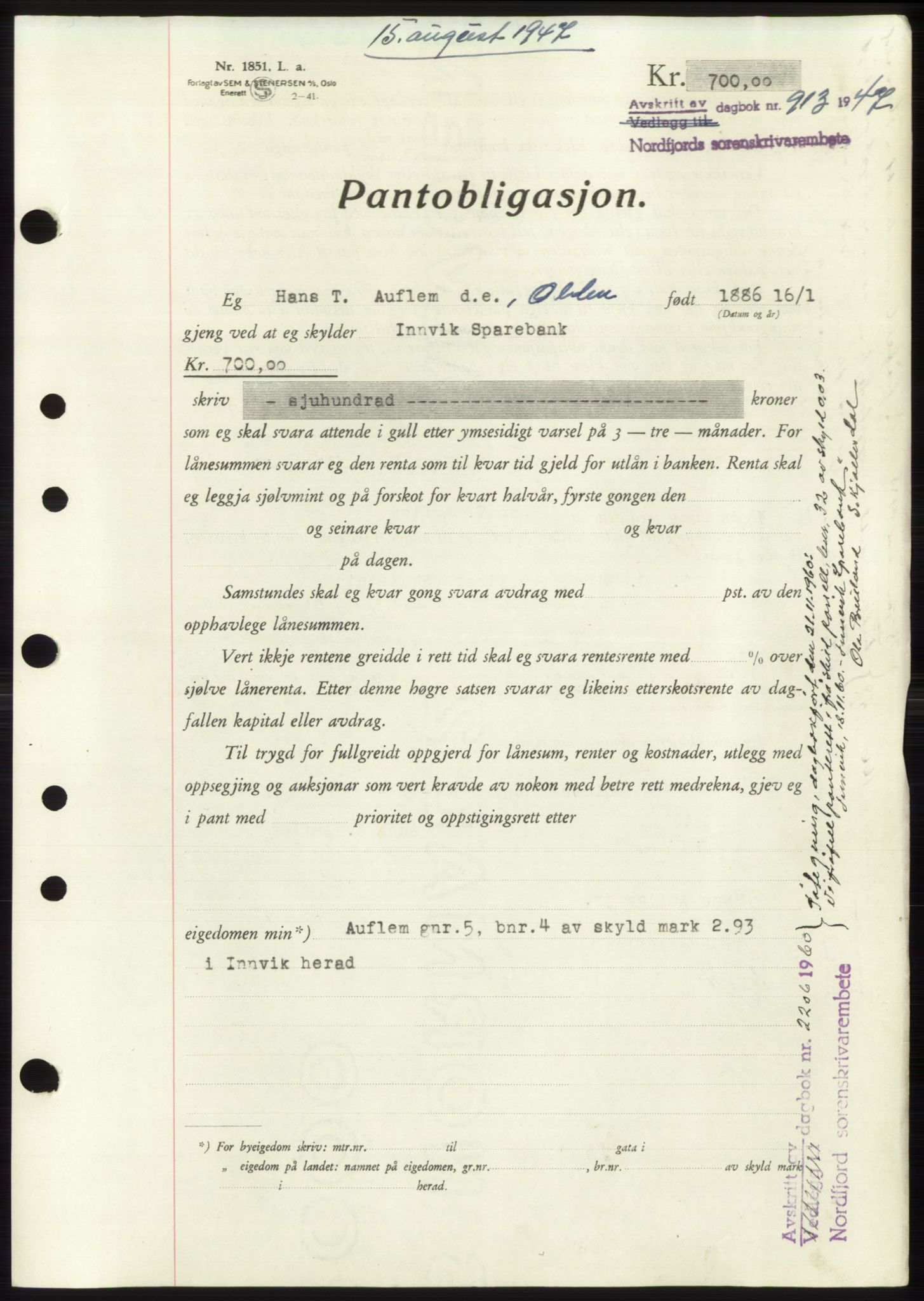 Nordfjord sorenskriveri, SAB/A-2801/02/02b/02bk/L0005: Mortgage book no. B7-8, 1946-1947, Diary no: : 913/1947