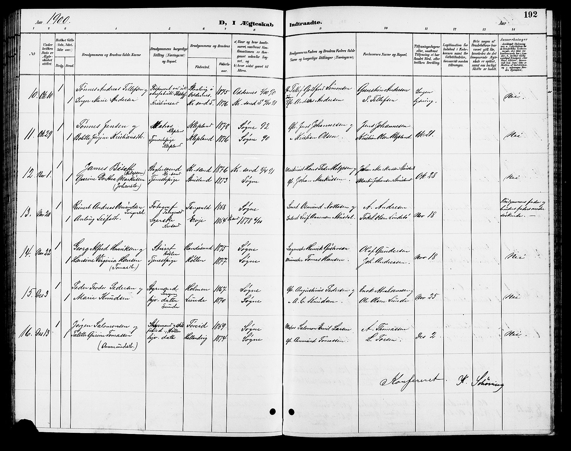 Søgne sokneprestkontor, AV/SAK-1111-0037/F/Fb/Fbb/L0006: Parish register (copy) no. B 6, 1892-1911, p. 192