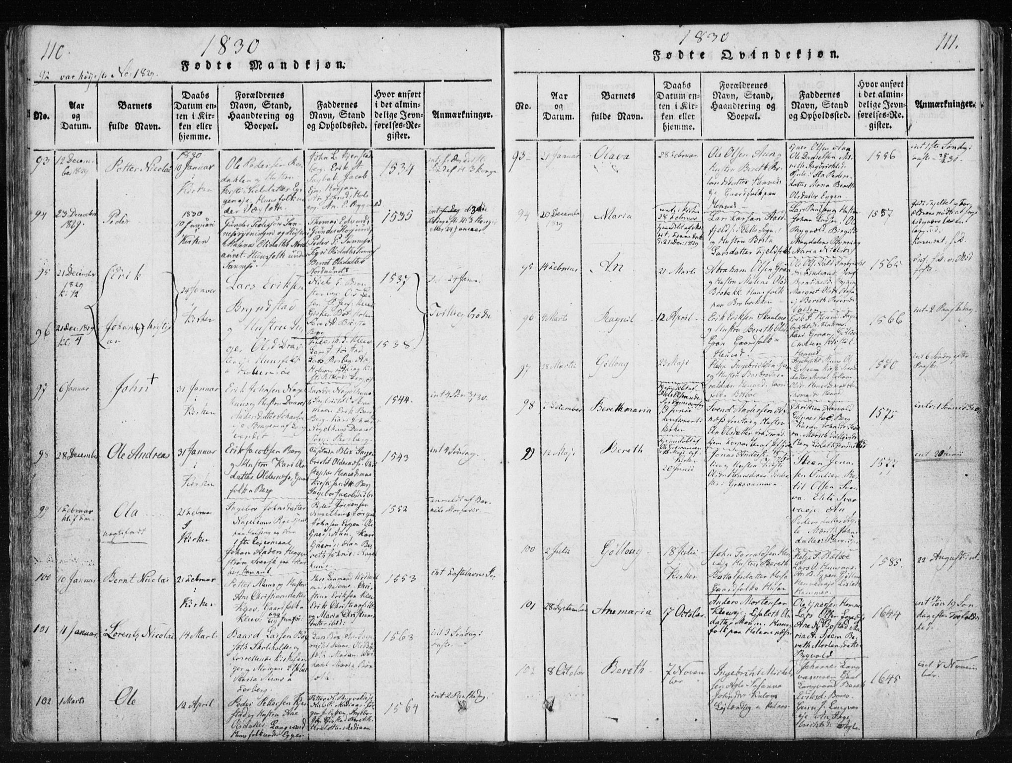 Ministerialprotokoller, klokkerbøker og fødselsregistre - Nord-Trøndelag, SAT/A-1458/749/L0469: Parish register (official) no. 749A03, 1817-1857, p. 110-111