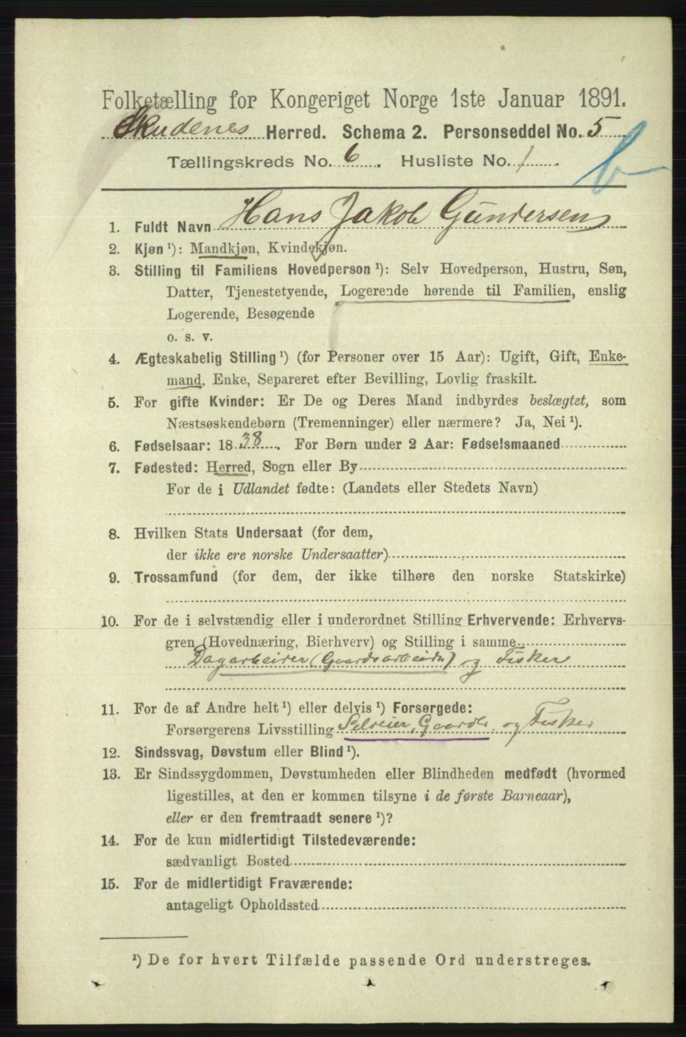 RA, 1891 census for 1150 Skudenes, 1891, p. 5596