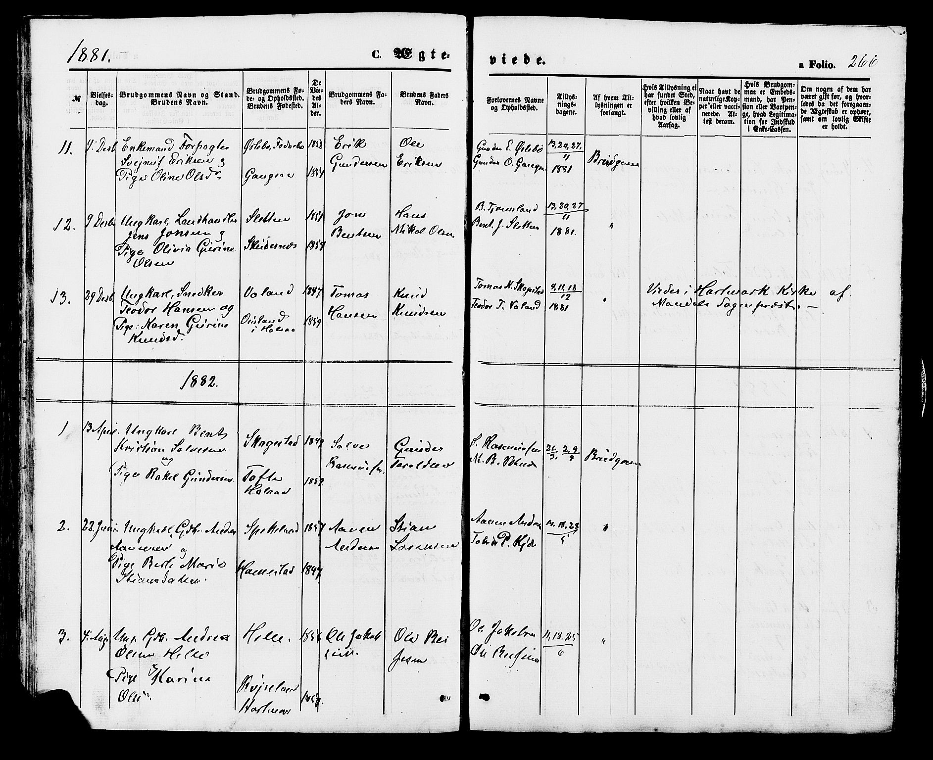 Holum sokneprestkontor, SAK/1111-0022/F/Fb/Fba/L0004: Parish register (copy) no. B 4, 1867-1890, p. 266