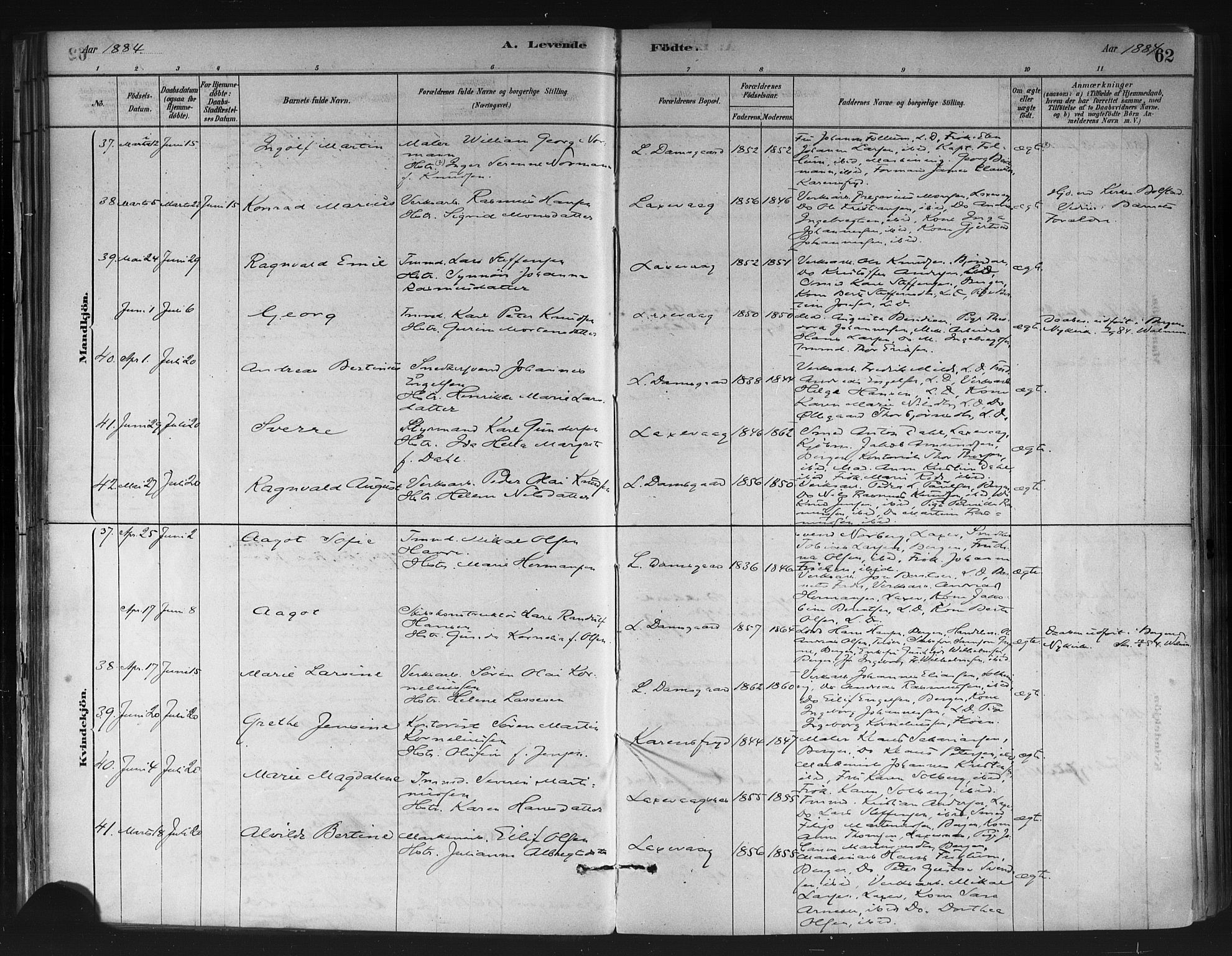 Askøy Sokneprestembete, AV/SAB-A-74101/H/Ha/Haa/Haae/L0002: Parish register (official) no. E 2, 1878-1891, p. 62