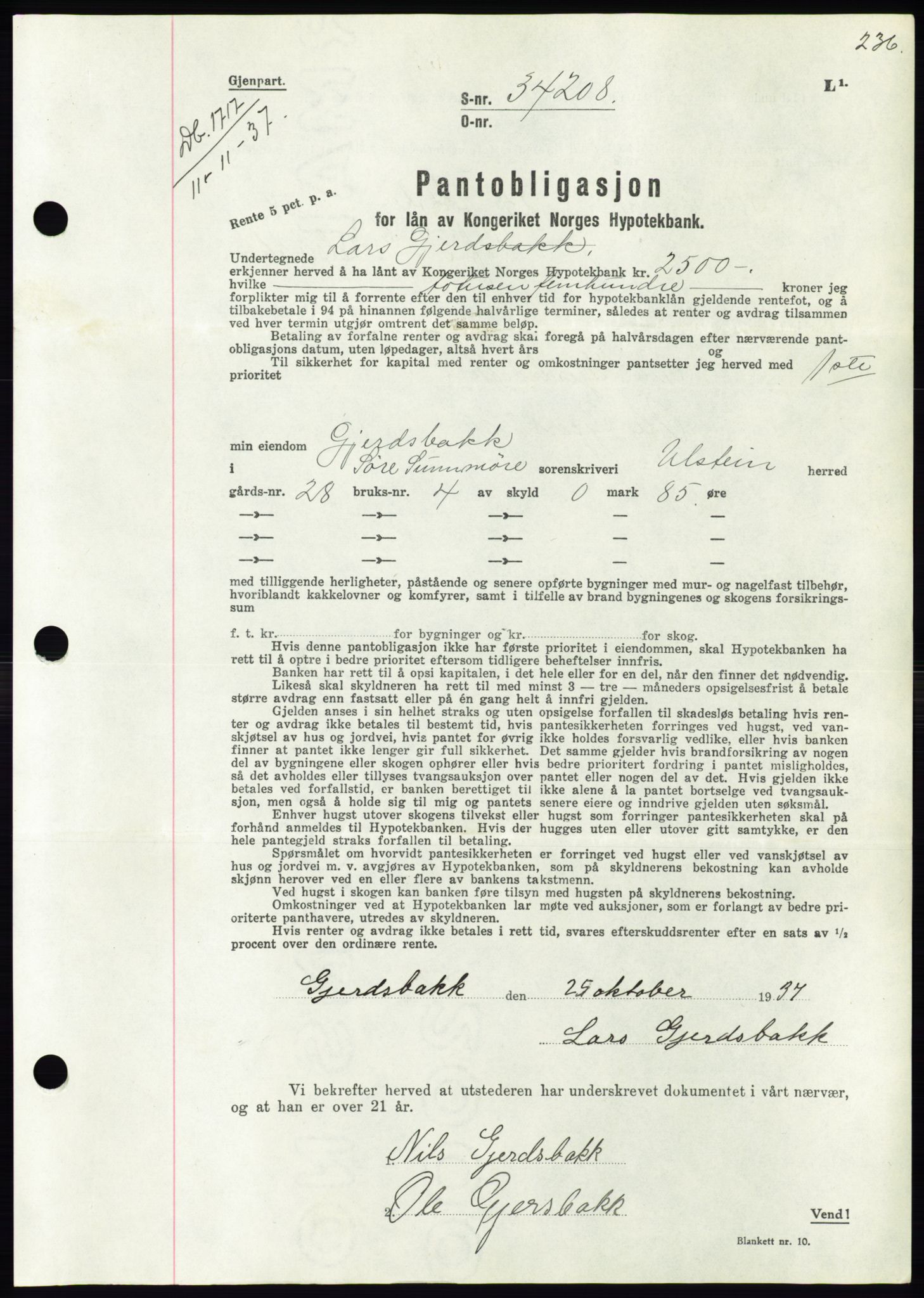 Søre Sunnmøre sorenskriveri, AV/SAT-A-4122/1/2/2C/L0064: Mortgage book no. 58, 1937-1938, Diary no: : 1717/1937