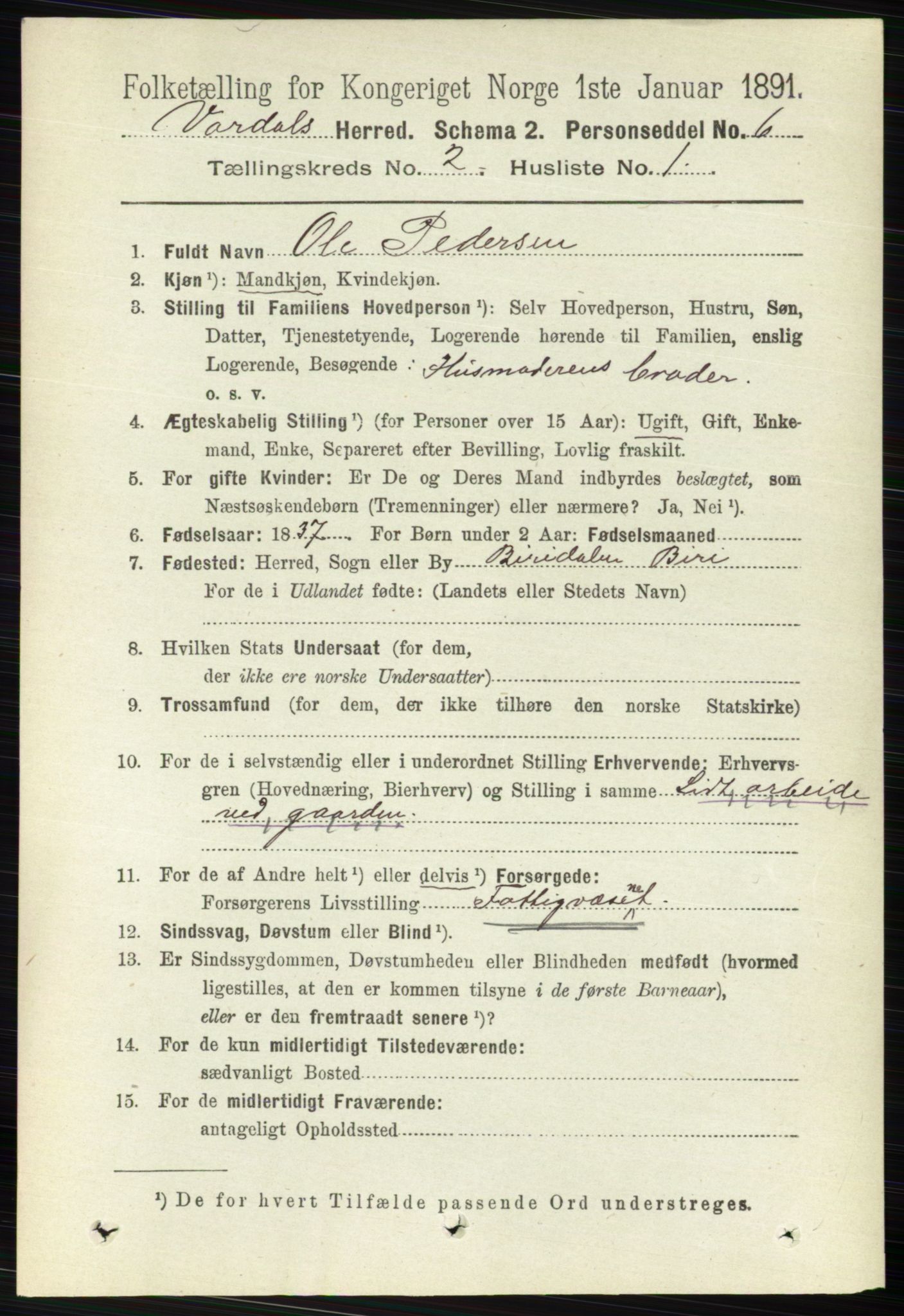 RA, 1891 census for 0527 Vardal, 1891, p. 529