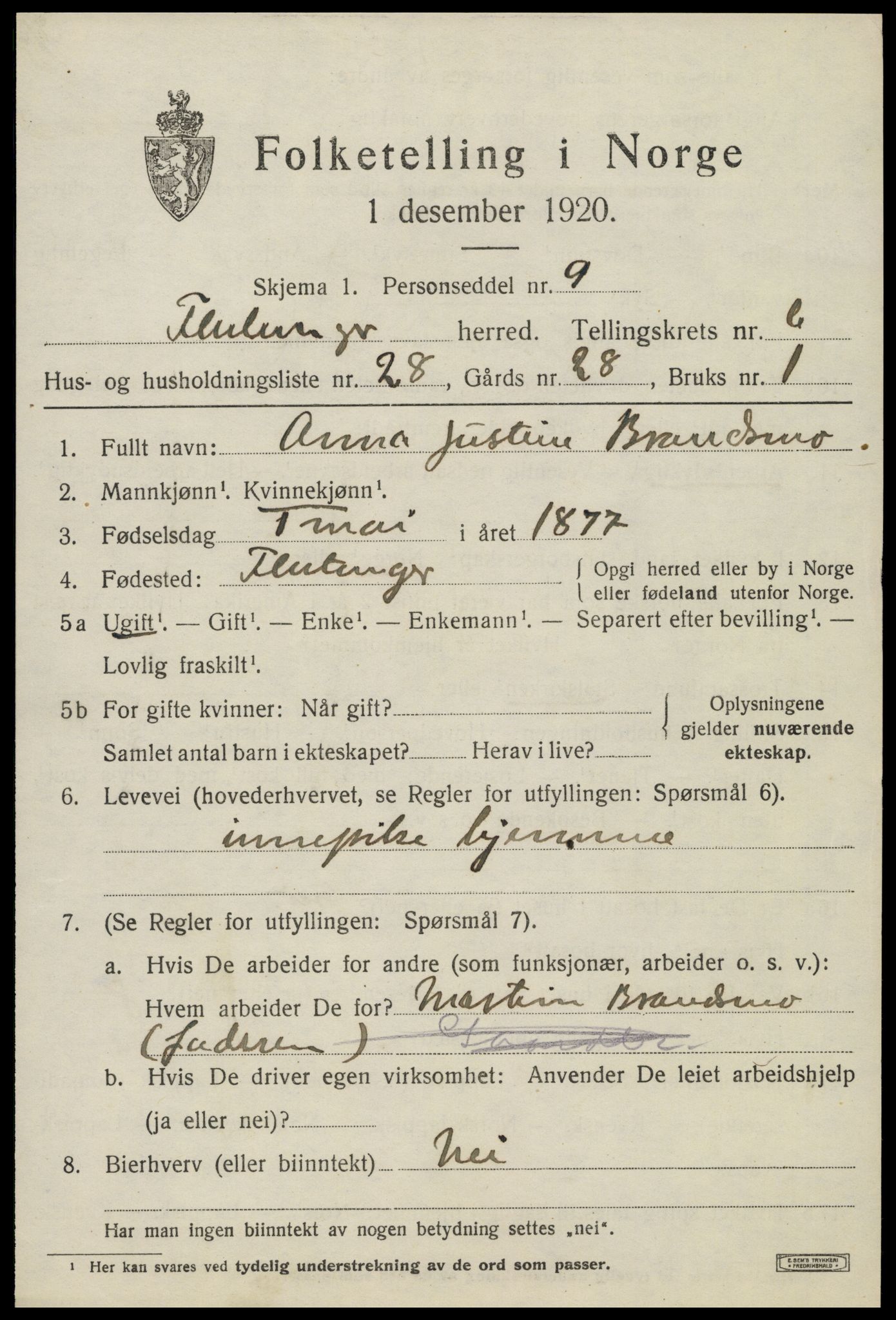 SAT, 1920 census for Flatanger, 1920, p. 3214