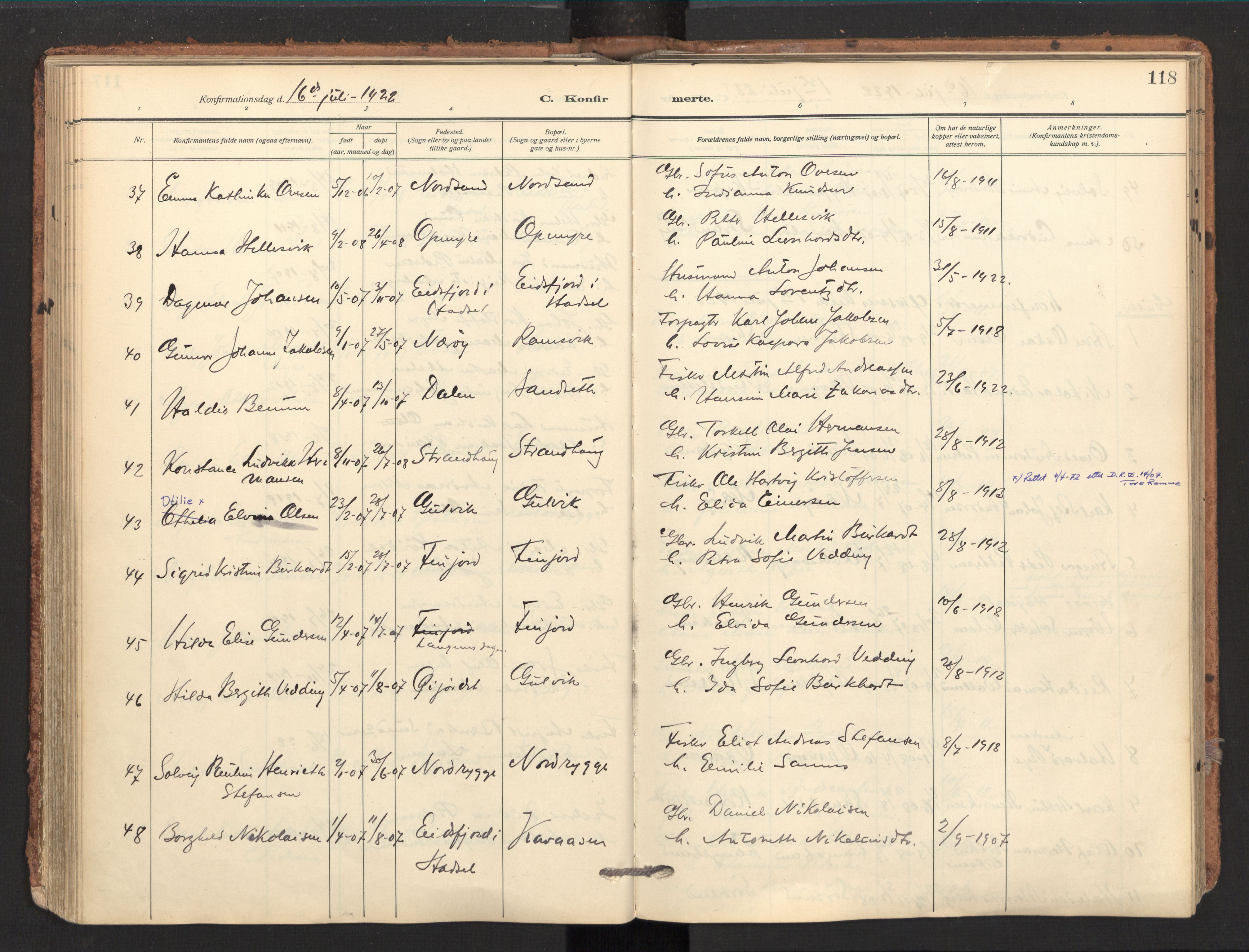 Ministerialprotokoller, klokkerbøker og fødselsregistre - Nordland, AV/SAT-A-1459/893/L1343: Parish register (official) no. 893A15, 1914-1928, p. 118
