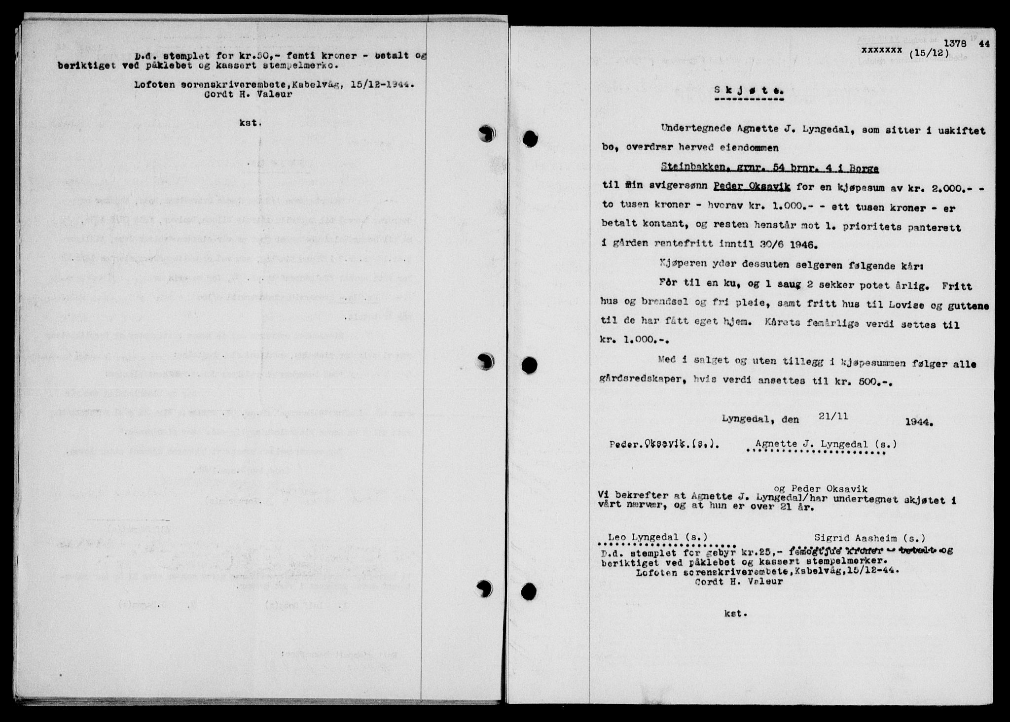 Lofoten sorenskriveri, SAT/A-0017/1/2/2C/L0013a: Mortgage book no. 13a, 1944-1946, Diary no: : 1378/1944