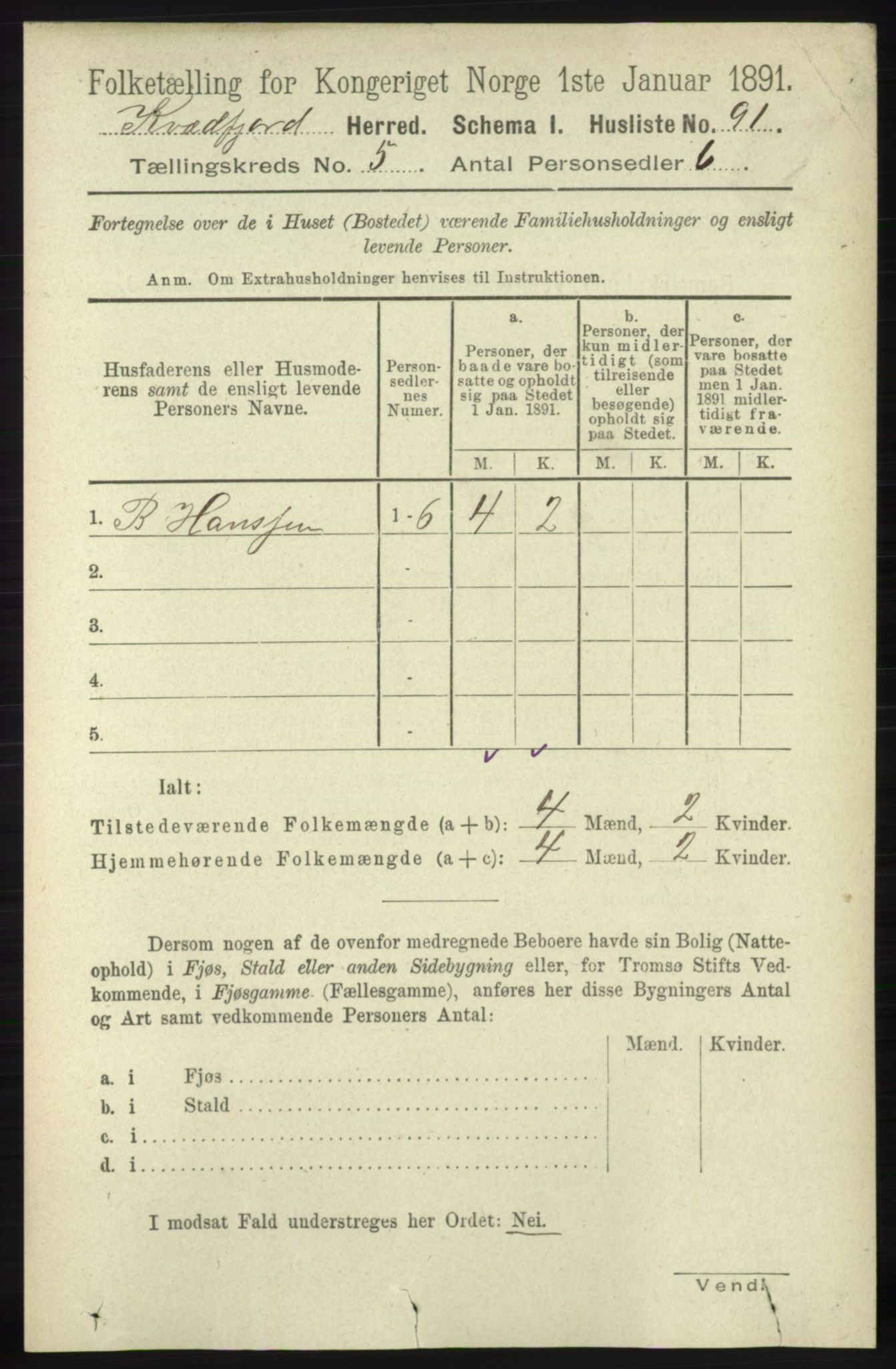 RA, 1891 census for 1911 Kvæfjord, 1891, p. 2855