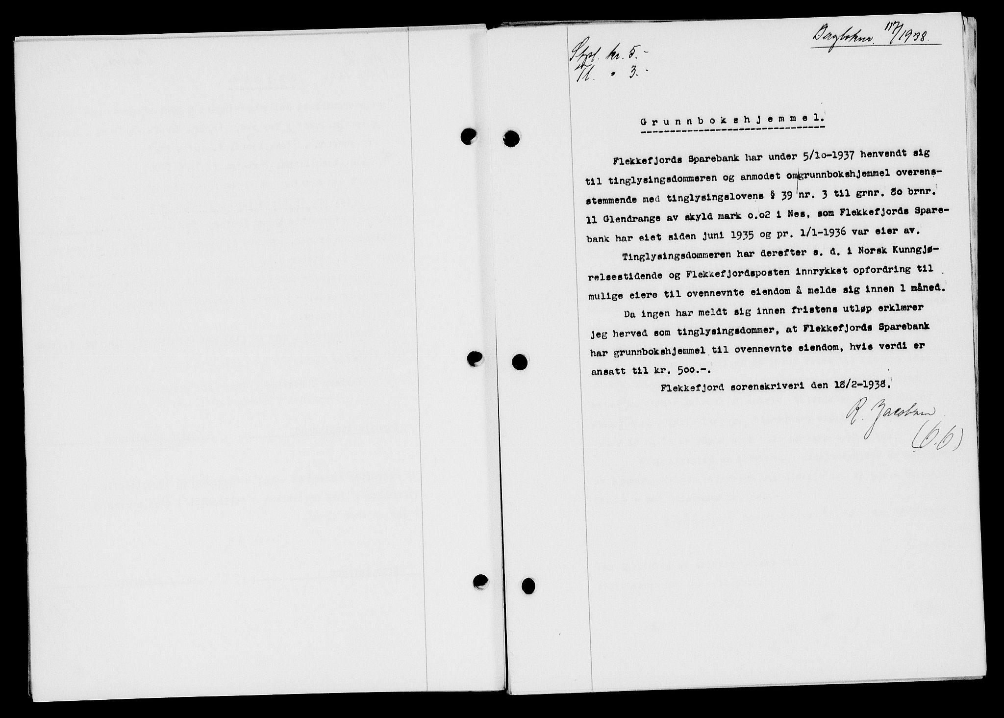 Flekkefjord sorenskriveri, SAK/1221-0001/G/Gb/Gba/L0054: Mortgage book no. A-2, 1937-1938, Diary no: : 117/1938