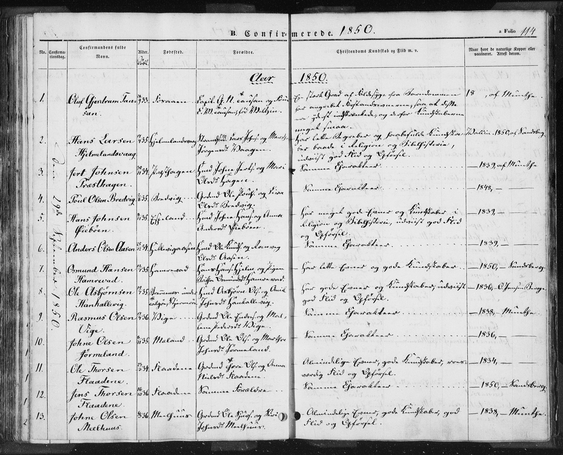 Hjelmeland sokneprestkontor, AV/SAST-A-101843/01/IV/L0009: Parish register (official) no. A 9, 1846-1860, p. 114