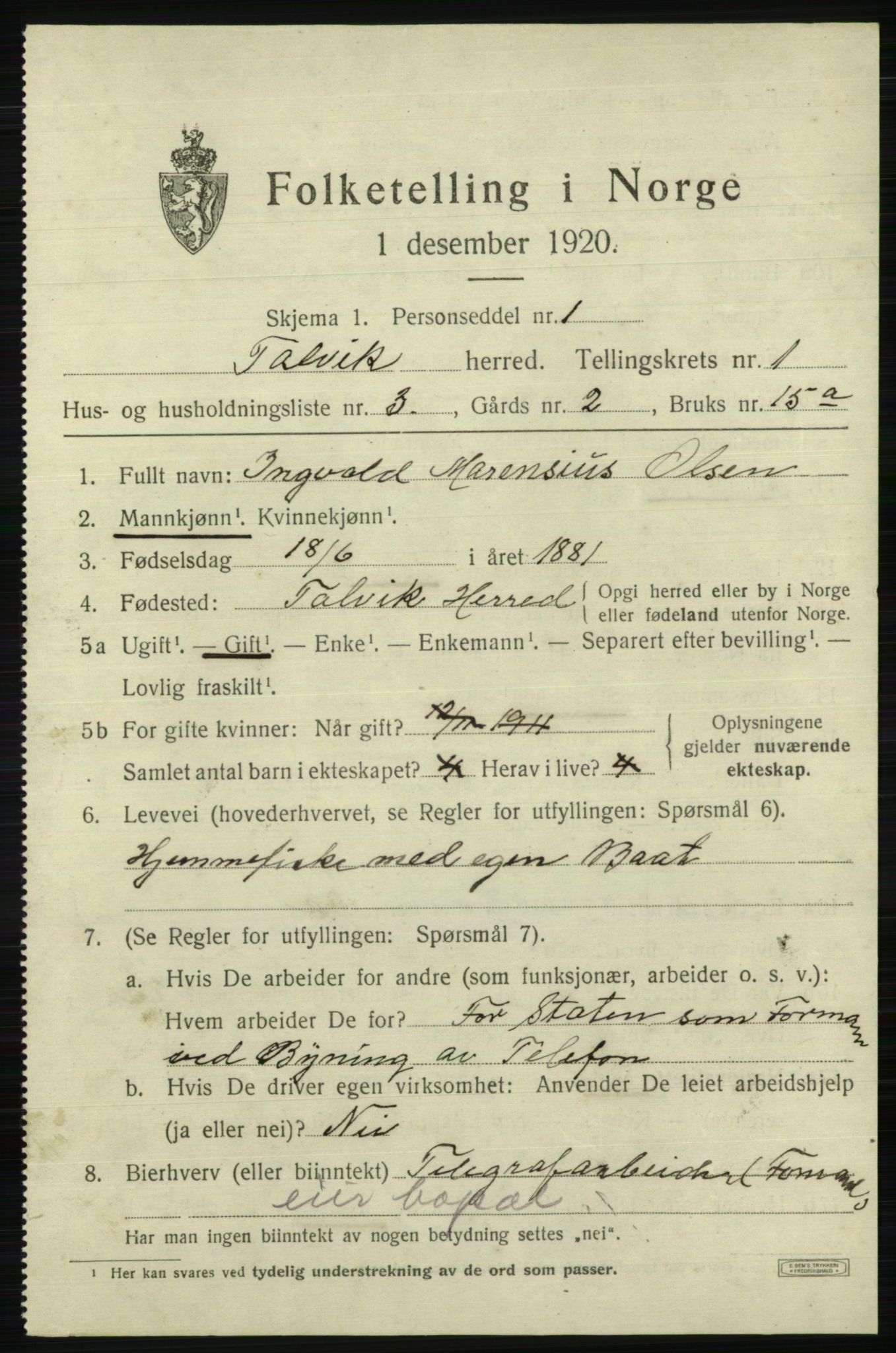 SATØ, 1920 census for Talvik, 1920, p. 1028