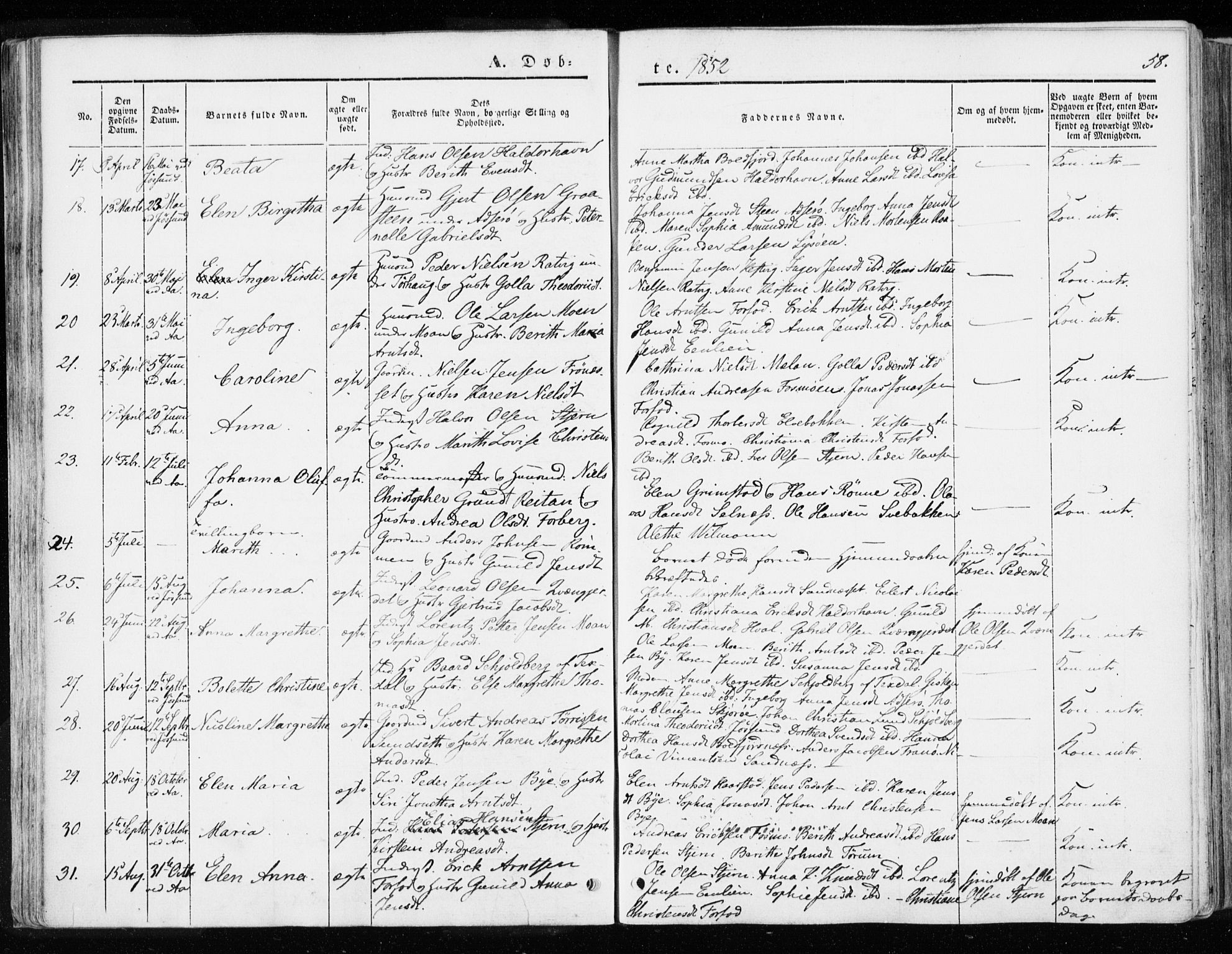 Ministerialprotokoller, klokkerbøker og fødselsregistre - Sør-Trøndelag, SAT/A-1456/655/L0677: Parish register (official) no. 655A06, 1847-1860, p. 58