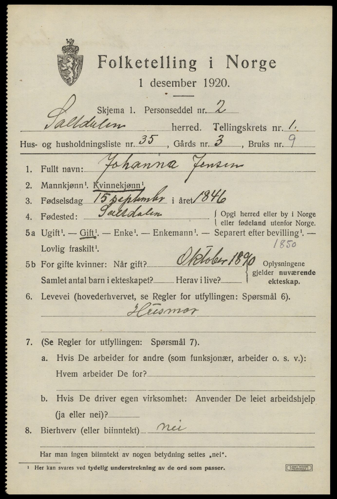 SAT, 1920 census for Saltdal, 1920, p. 1709