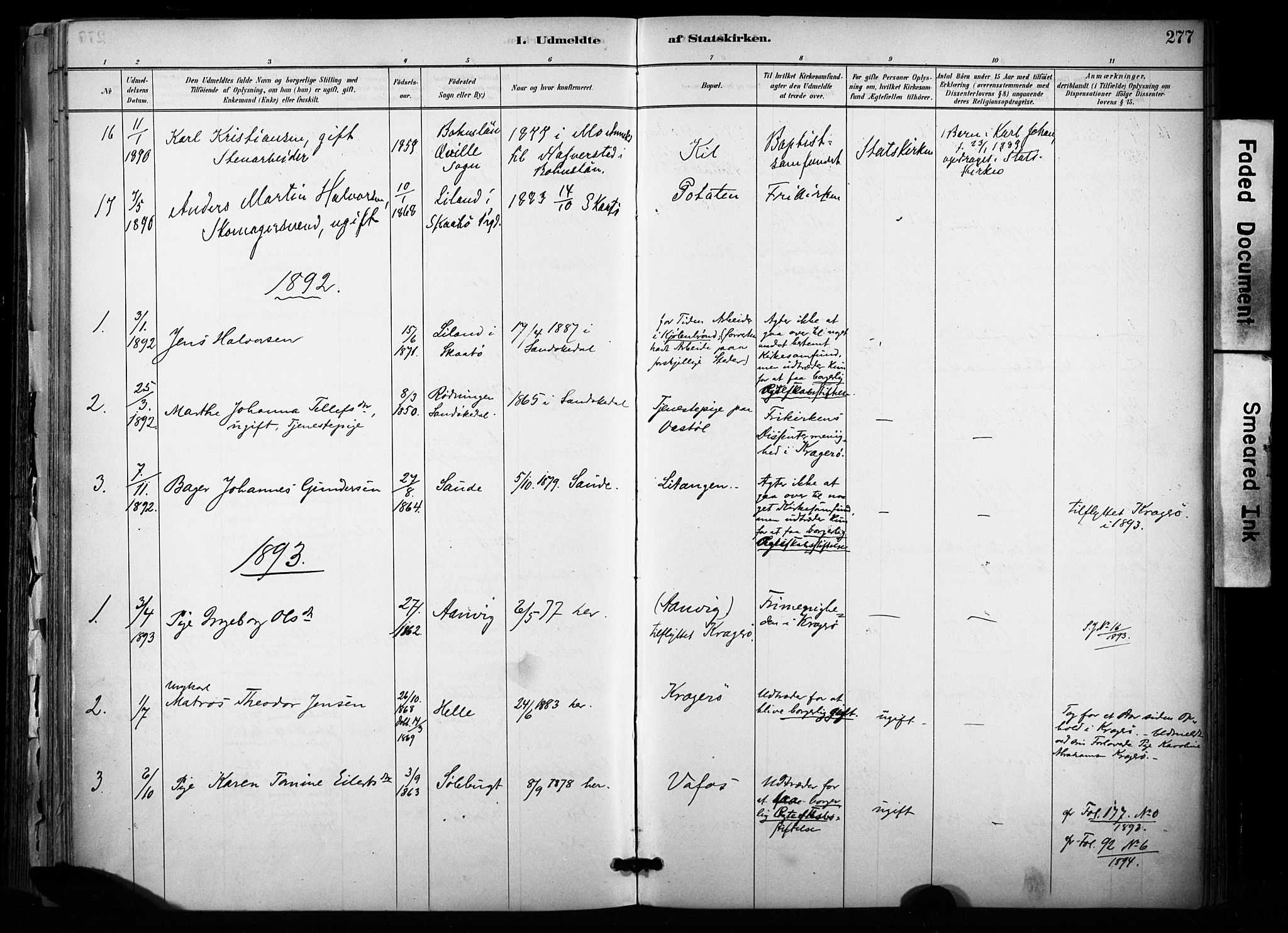 Sannidal kirkebøker, AV/SAKO-A-296/F/Fa/L0015: Parish register (official) no. 15, 1884-1899, p. 277