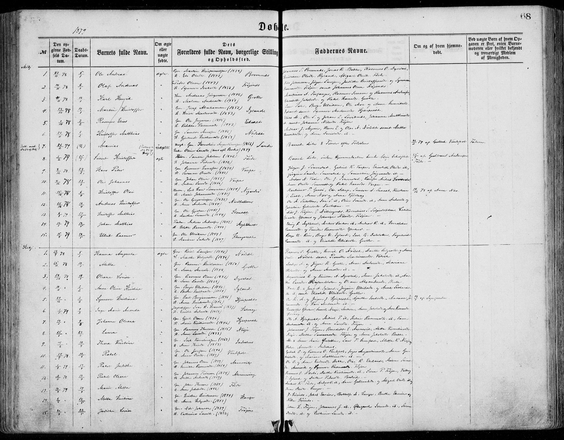 Bremanger sokneprestembete, SAB/A-82201/H/Haa/Haaa/L0001: Parish register (official) no. A  1, 1864-1883, p. 68