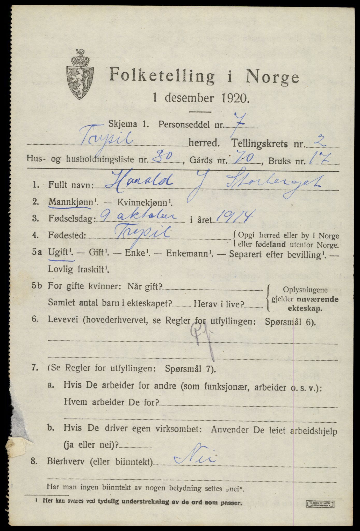 SAH, 1920 census for Trysil, 1920, p. 3455