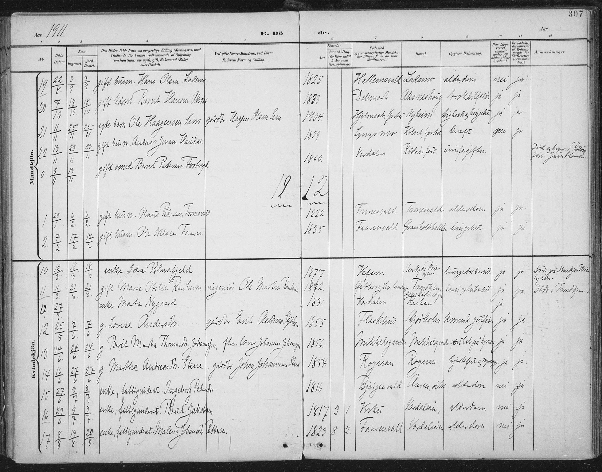 Ministerialprotokoller, klokkerbøker og fødselsregistre - Nord-Trøndelag, SAT/A-1458/723/L0246: Parish register (official) no. 723A15, 1900-1917, p. 307