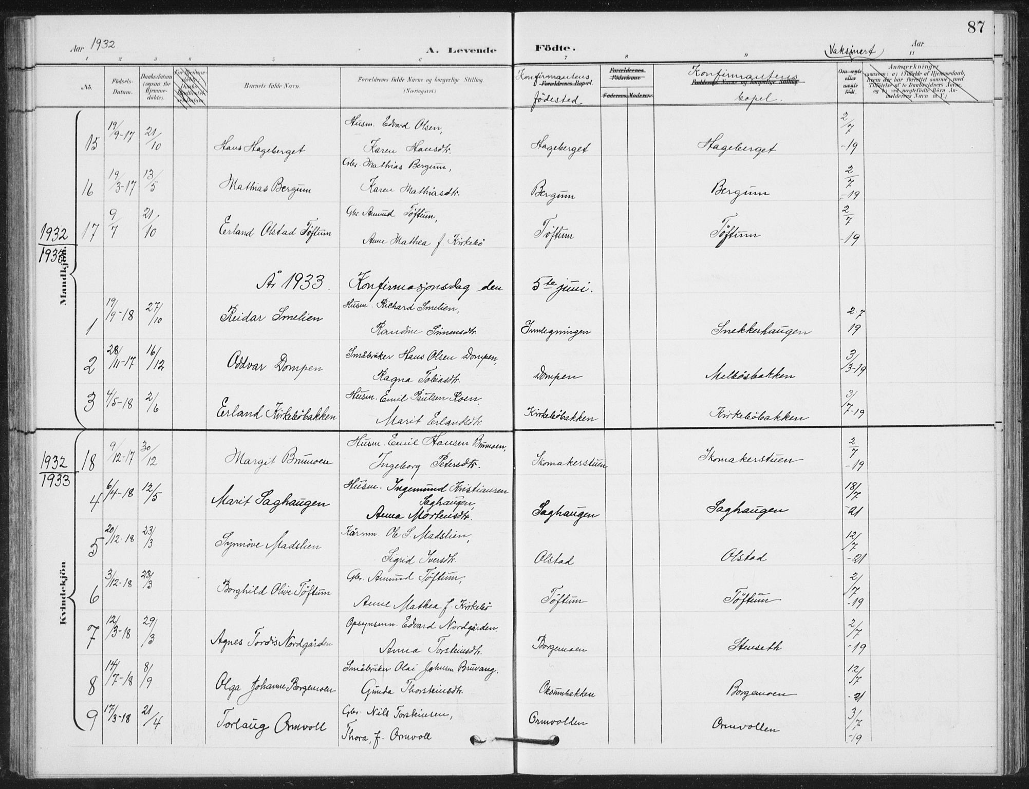 Vestre Gausdal prestekontor, SAH/PREST-094/H/Ha/Hab/L0004: Parish register (copy) no. 4, 1898-1939, p. 87