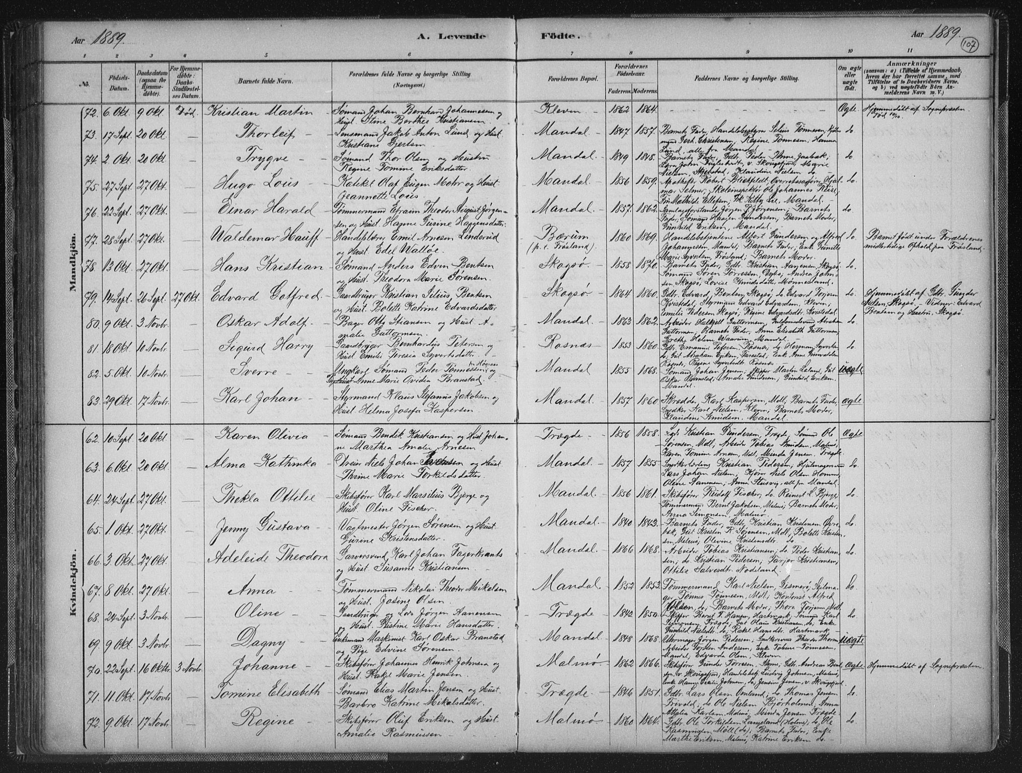 Mandal sokneprestkontor, AV/SAK-1111-0030/F/Fb/Fba/L0011: Parish register (copy) no. B 5, 1880-1898, p. 107