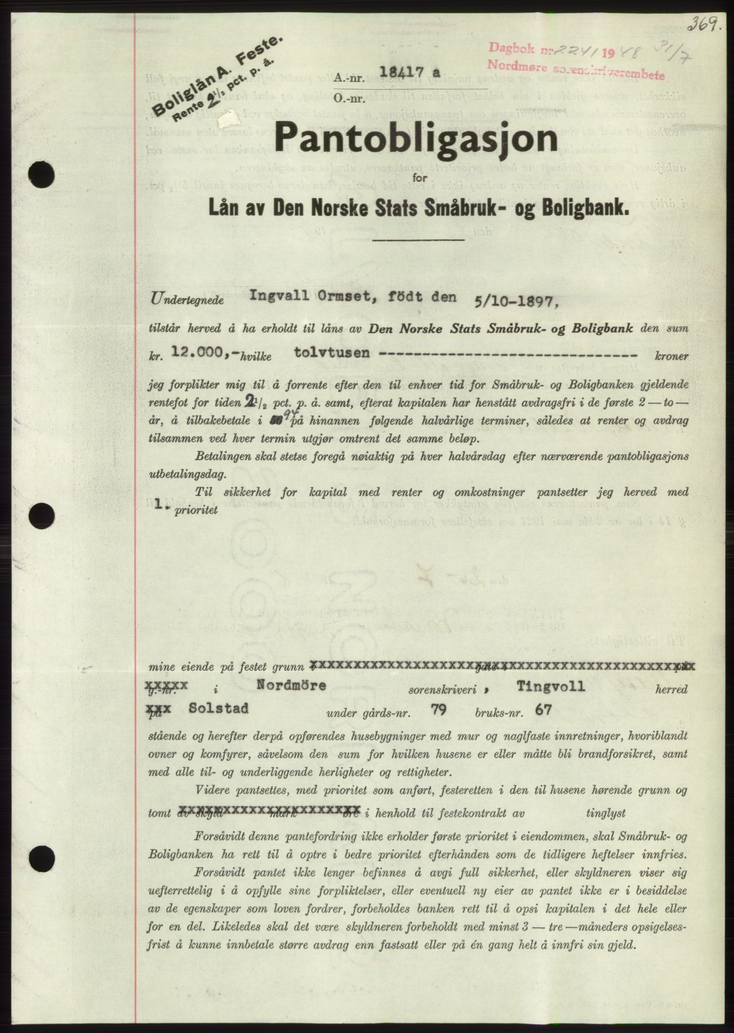 Nordmøre sorenskriveri, AV/SAT-A-4132/1/2/2Ca: Mortgage book no. B99, 1948-1948, Diary no: : 2241/1948