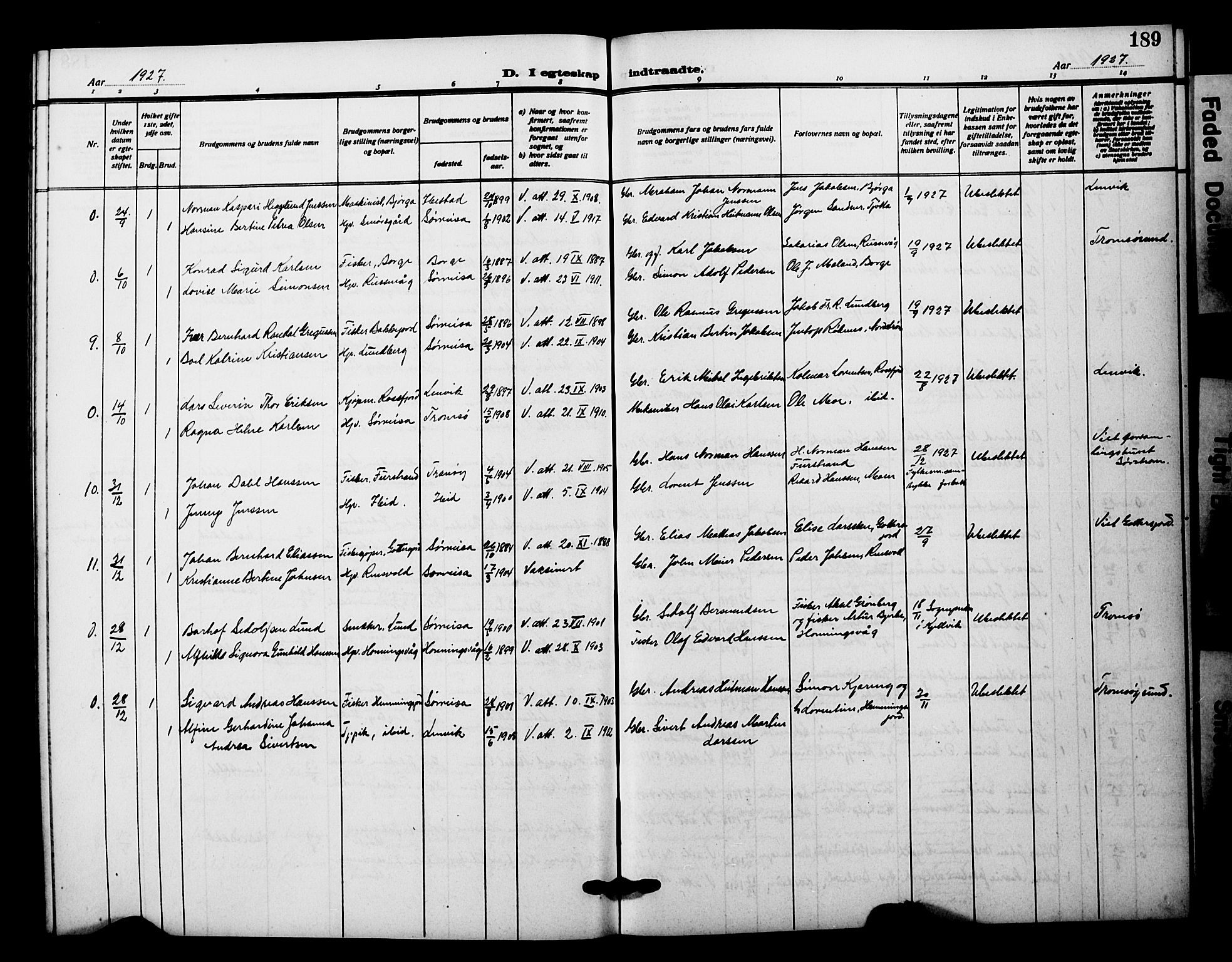 Tranøy sokneprestkontor, AV/SATØ-S-1313/I/Ia/Iab/L0023klokker: Parish register (copy) no. 23, 1913-1928, p. 189