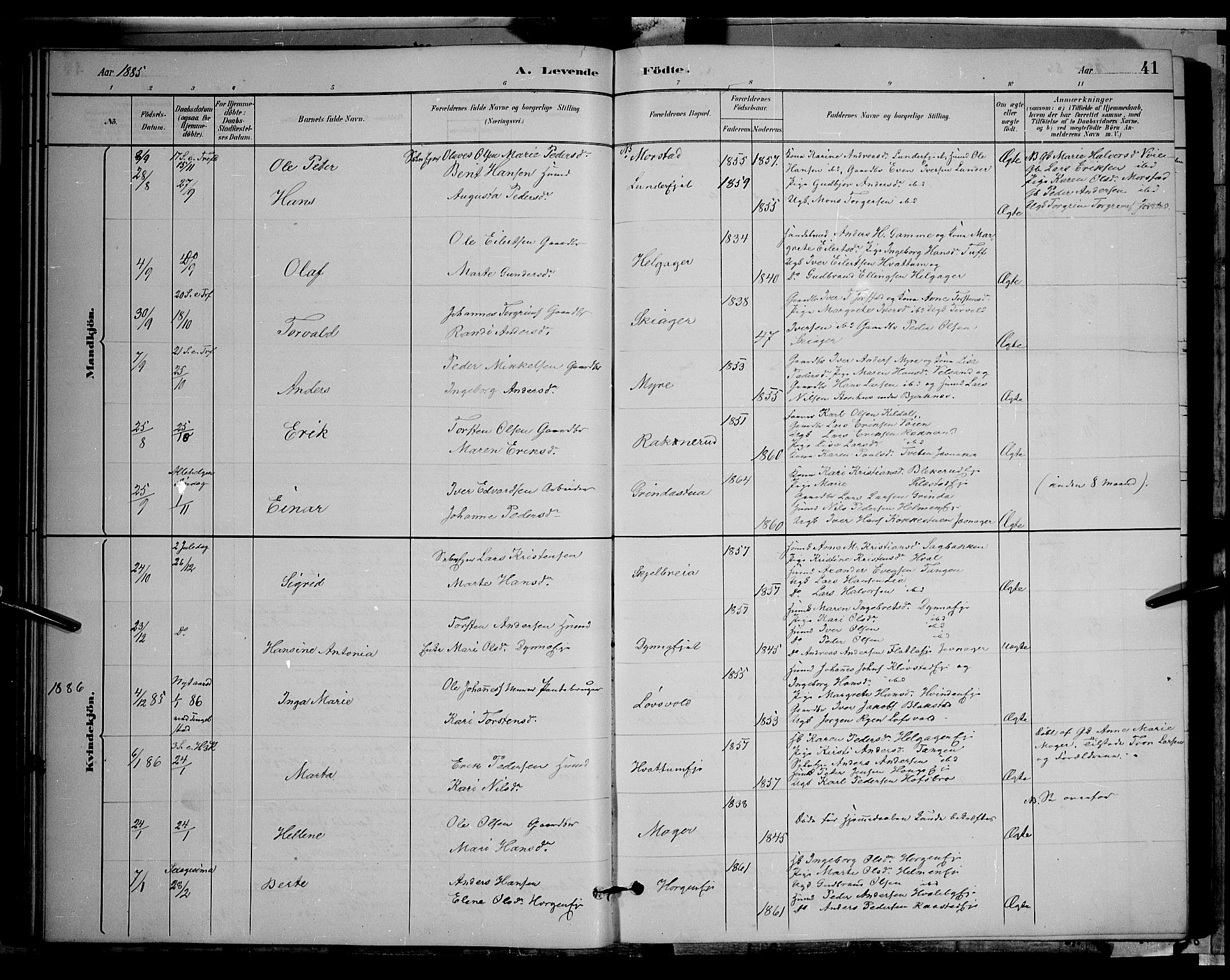 Gran prestekontor, SAH/PREST-112/H/Ha/Hab/L0002: Parish register (copy) no. 2, 1879-1892, p. 41