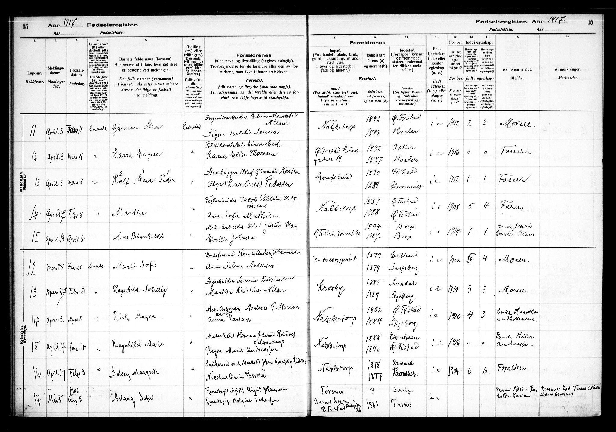 Østre Fredrikstad prestekontor Kirkebøker, AV/SAO-A-10907/J/Ja/L0001: Birth register no. 1, 1916-1936, p. 15