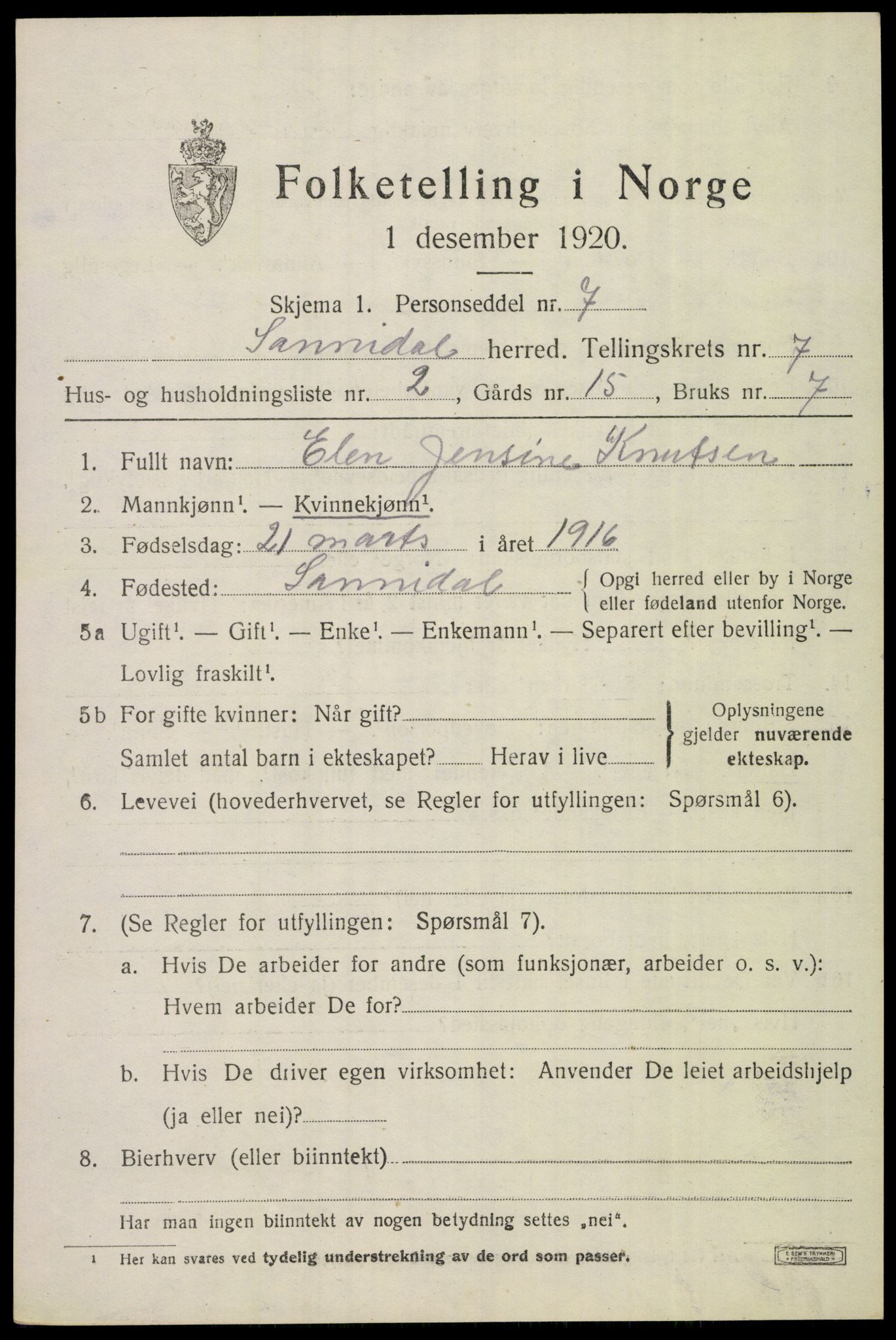 SAKO, 1920 census for Sannidal, 1920, p. 4933