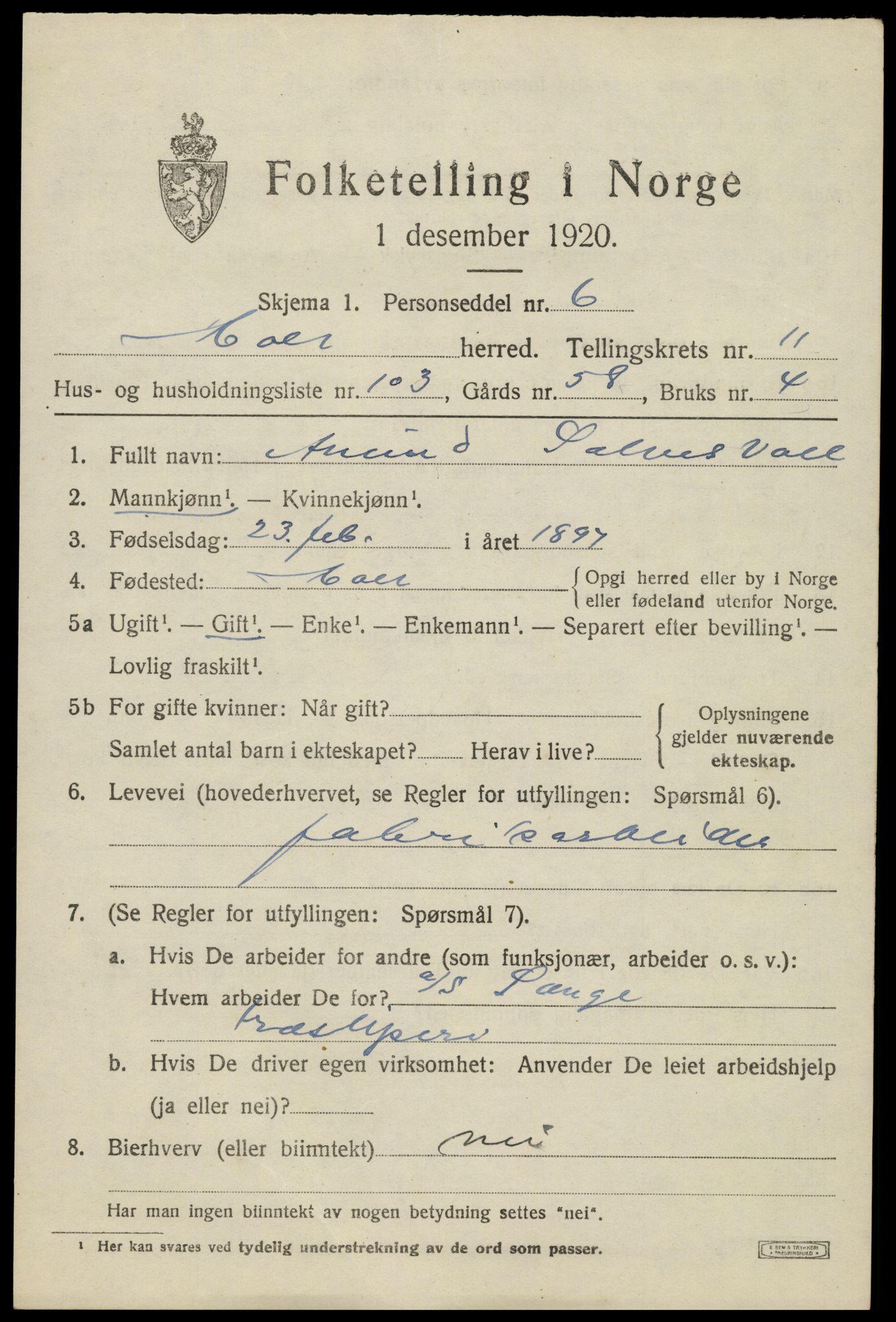 SAK, 1920 census for Holt, 1920, p. 7122