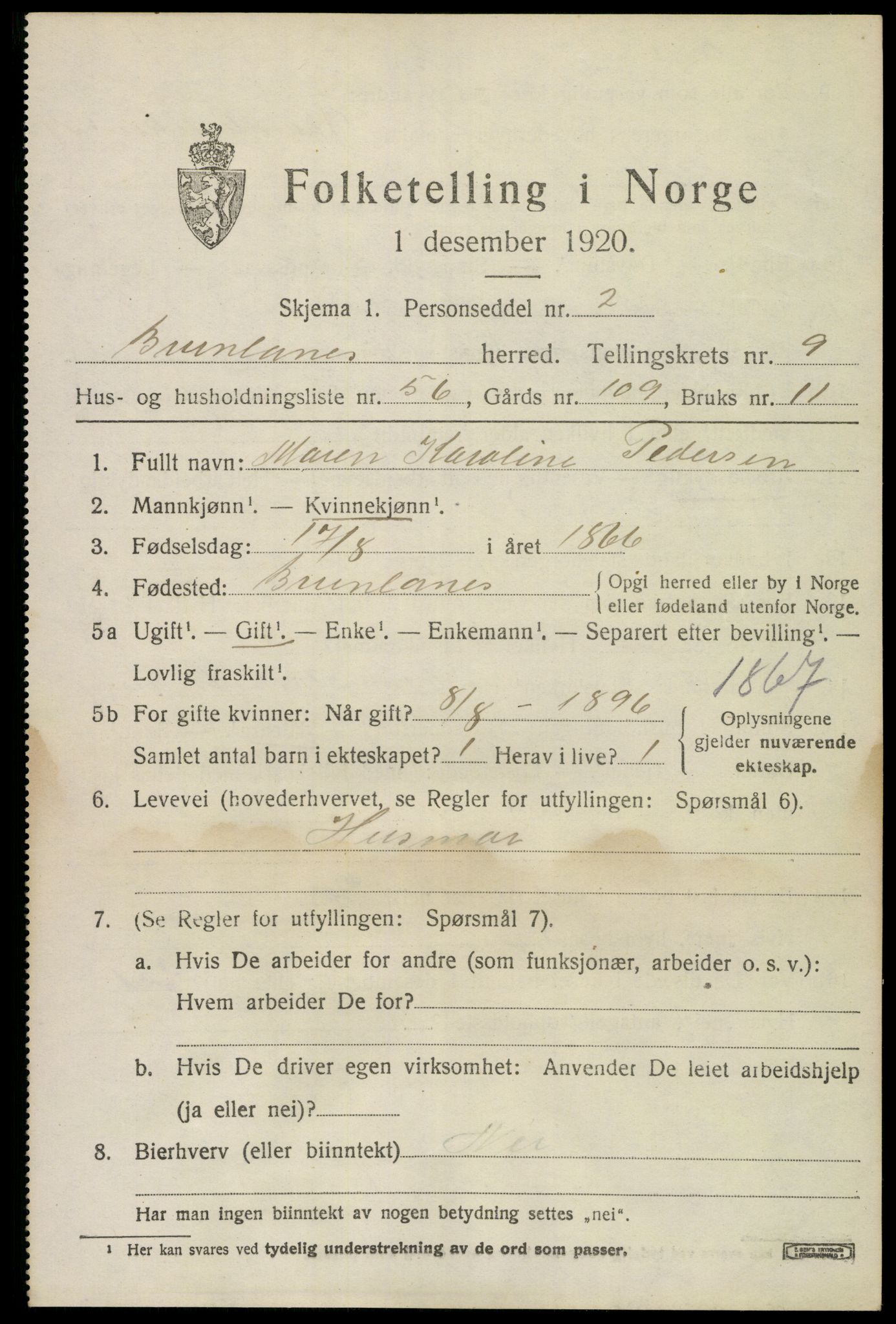 SAKO, 1920 census for Brunlanes, 1920, p. 8375