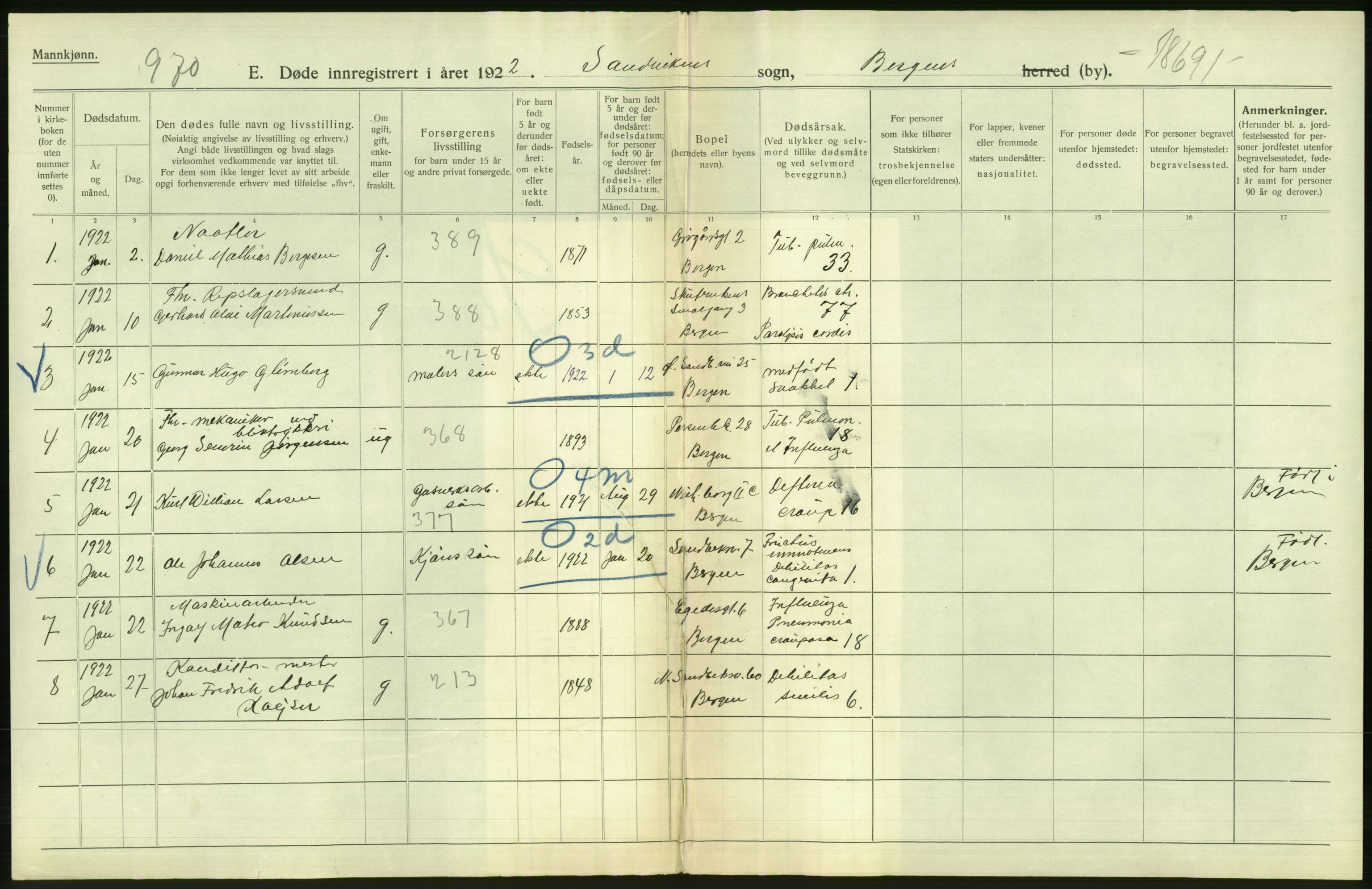 Statistisk sentralbyrå, Sosiodemografiske emner, Befolkning, AV/RA-S-2228/D/Df/Dfc/Dfcb/L0030: Bergen: Gifte, døde, dødfødte., 1922, p. 518