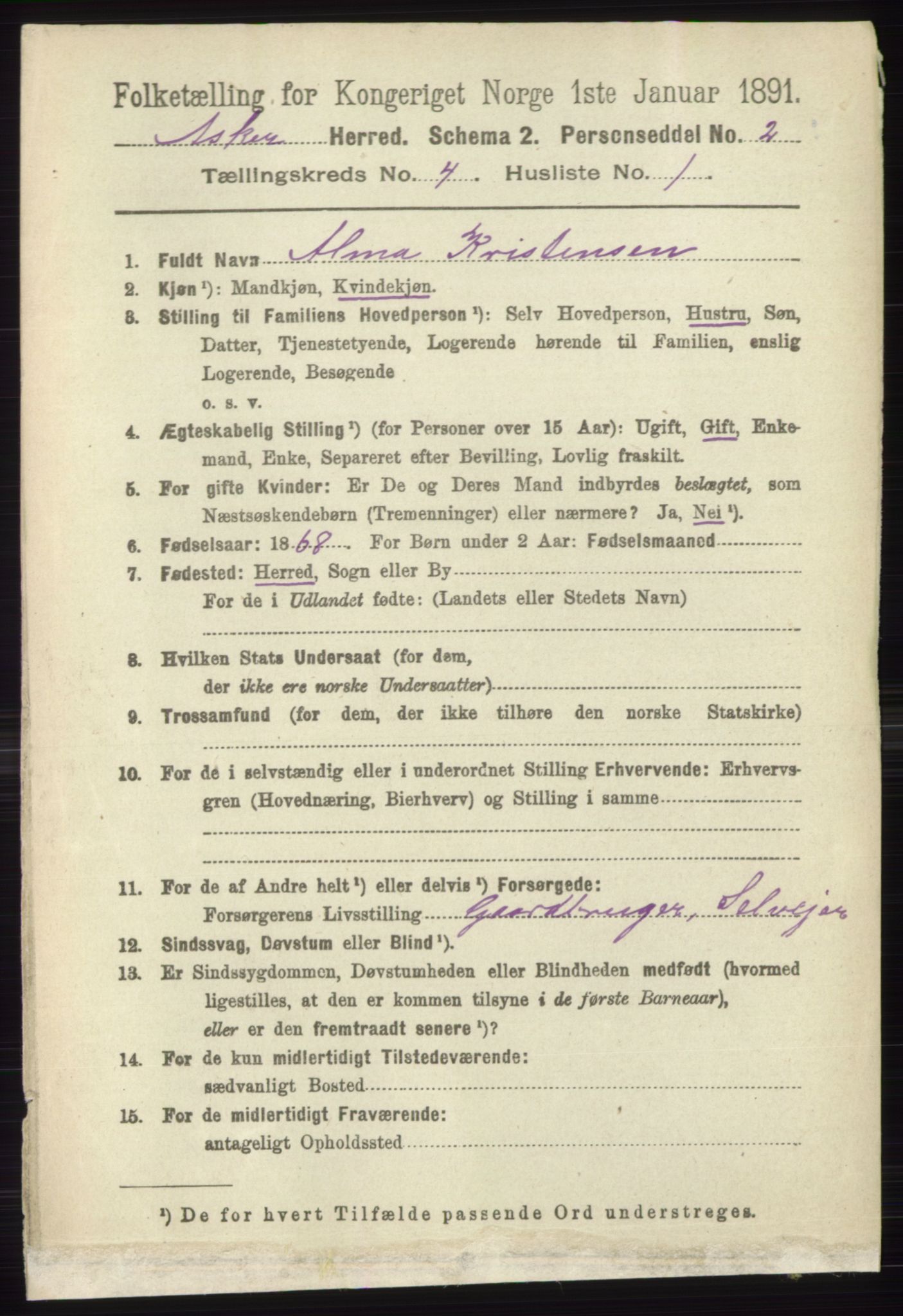 RA, 1891 census for 0220 Asker, 1891, p. 2945