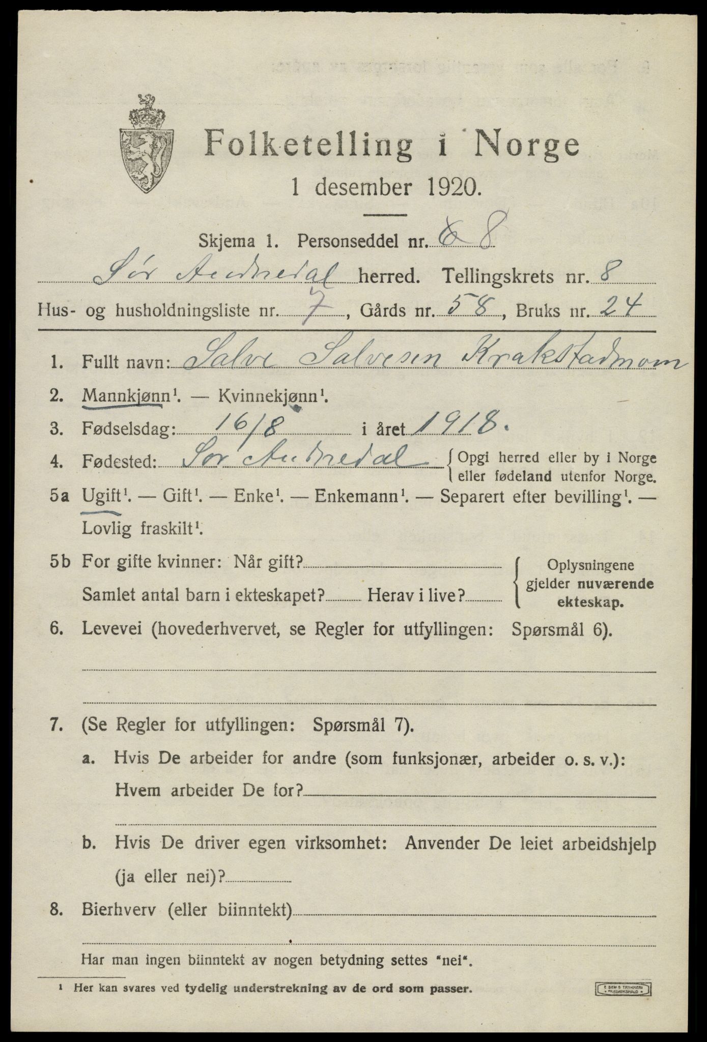 SAK, 1920 census for Sør-Audnedal, 1920, p. 3267