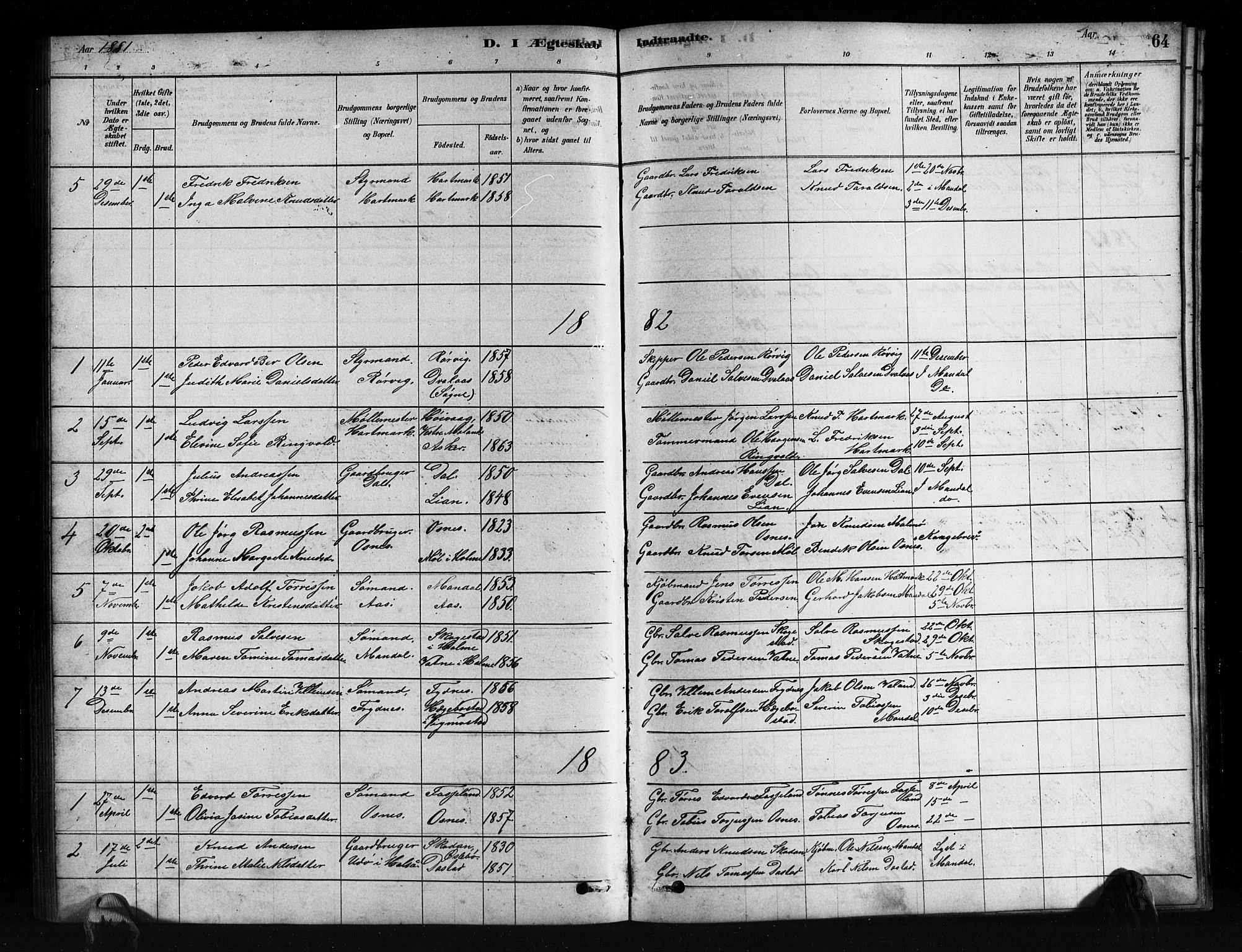 Mandal sokneprestkontor, SAK/1111-0030/F/Fb/Fbb/L0004: Parish register (copy) no. B 4, 1878-1913, p. 64