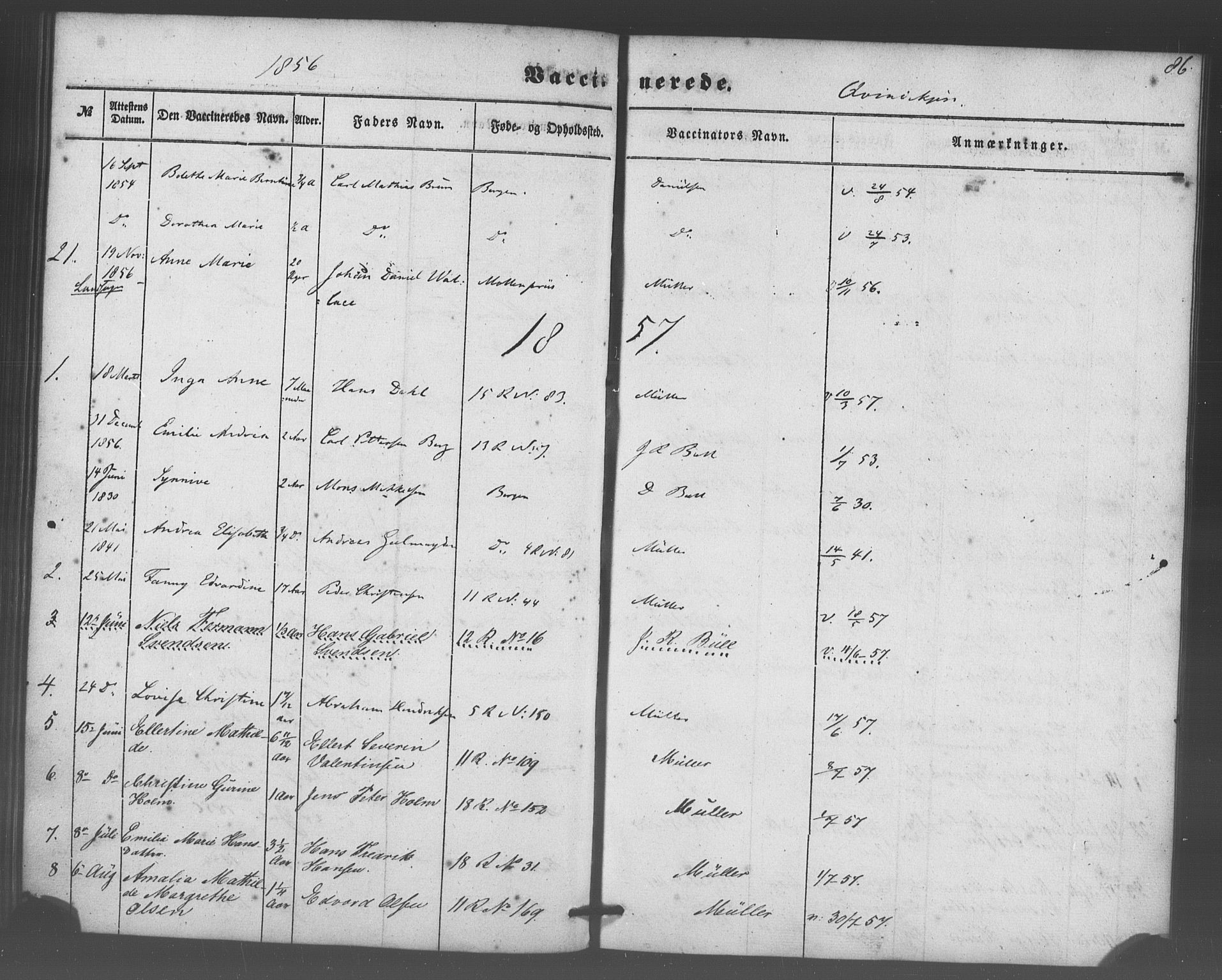 Domkirken sokneprestembete, SAB/A-74801/H/Haa/L0047: Parish register (official) no. F 2, 1852-1868, p. 86