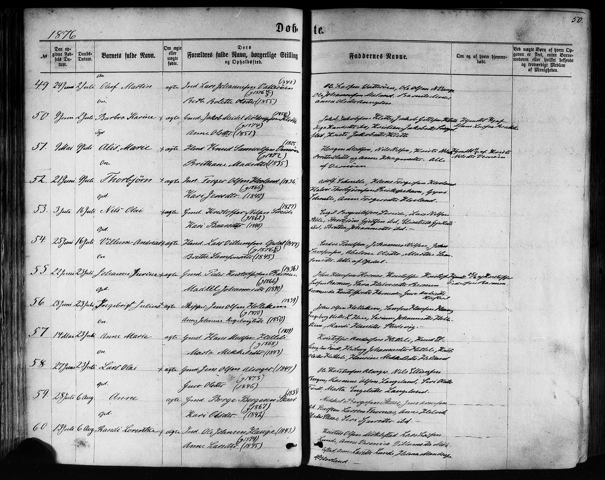 Tysnes sokneprestembete, AV/SAB-A-78601/H/Haa: Parish register (official) no. A 12, 1872-1886, p. 50