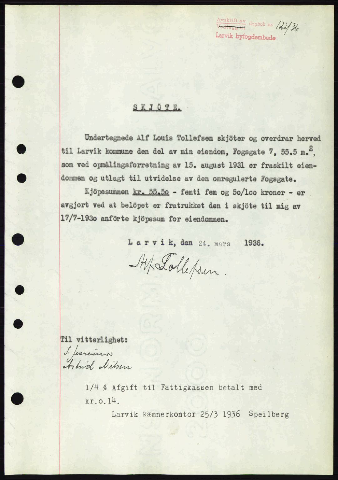 Larvik sorenskriveri, SAKO/A-83/G/Ga/Gab/L0067: Mortgage book no. A-1, 1936-1937, Diary no: : 122/1936