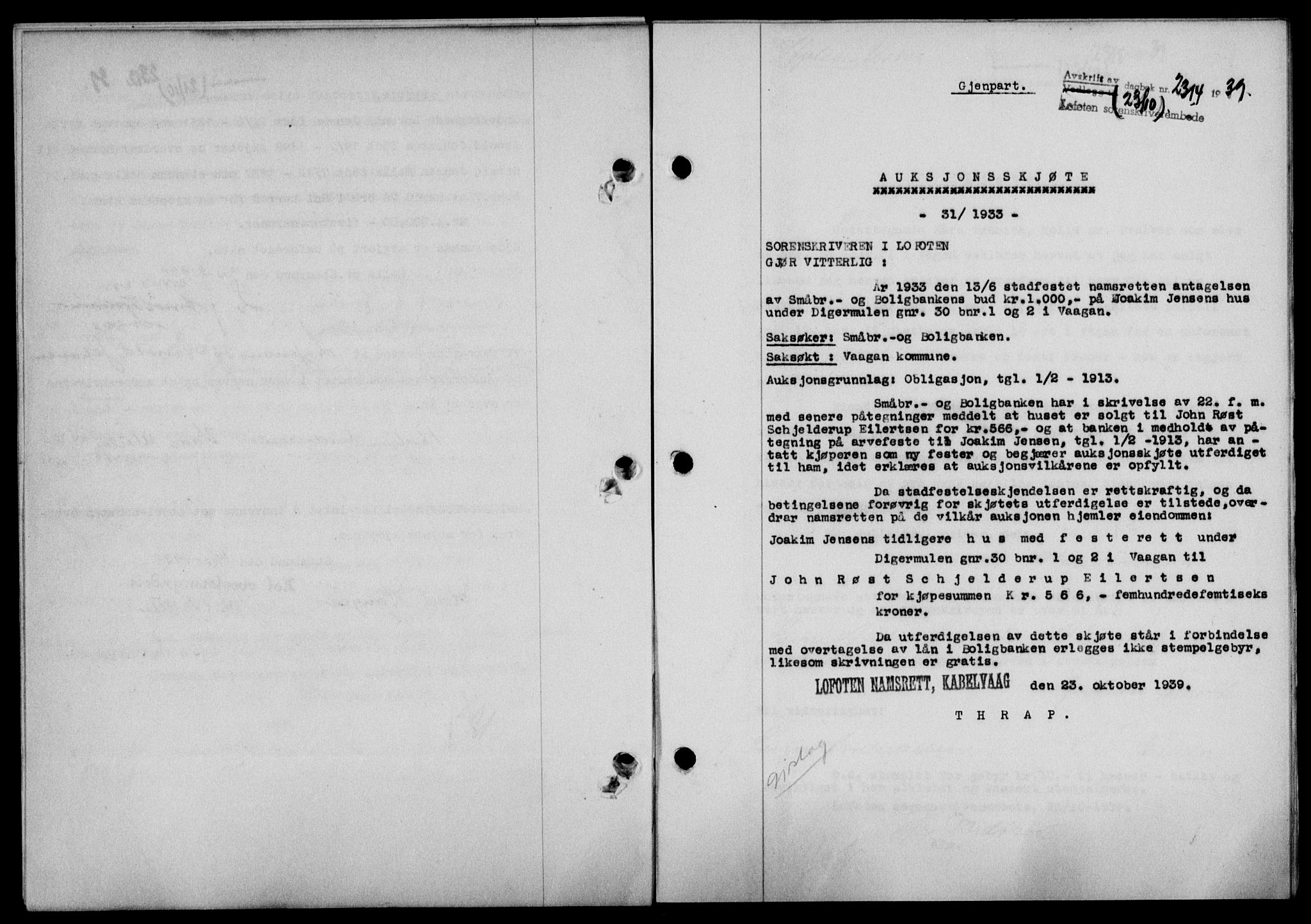Lofoten sorenskriveri, SAT/A-0017/1/2/2C/L0006a: Mortgage book no. 6a, 1939-1939, Diary no: : 2314/1939